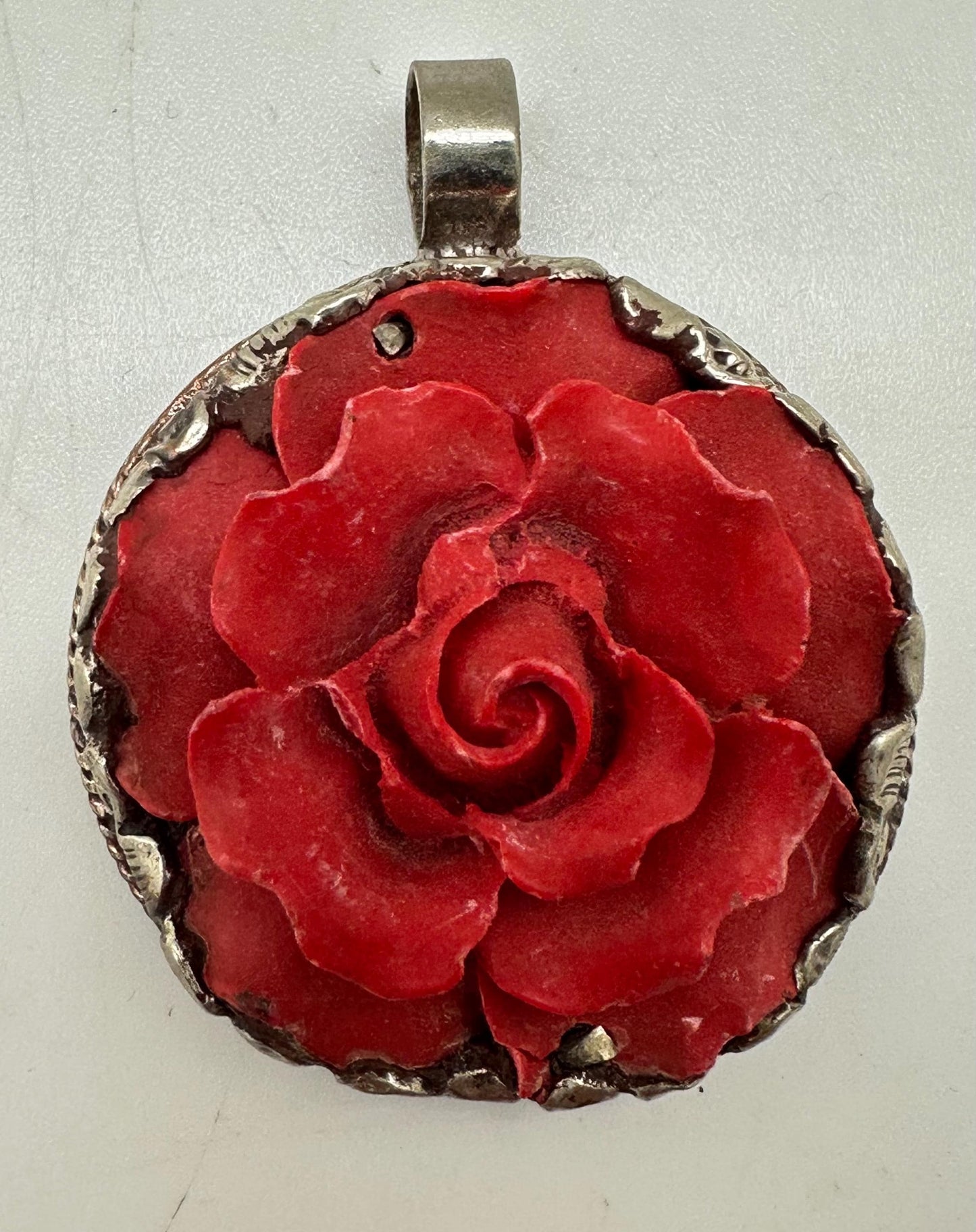 Flower pendant, red resin rose pendant,handcrafted, tibetan silver, ethnic style, Nepalese,52mmX41mm
