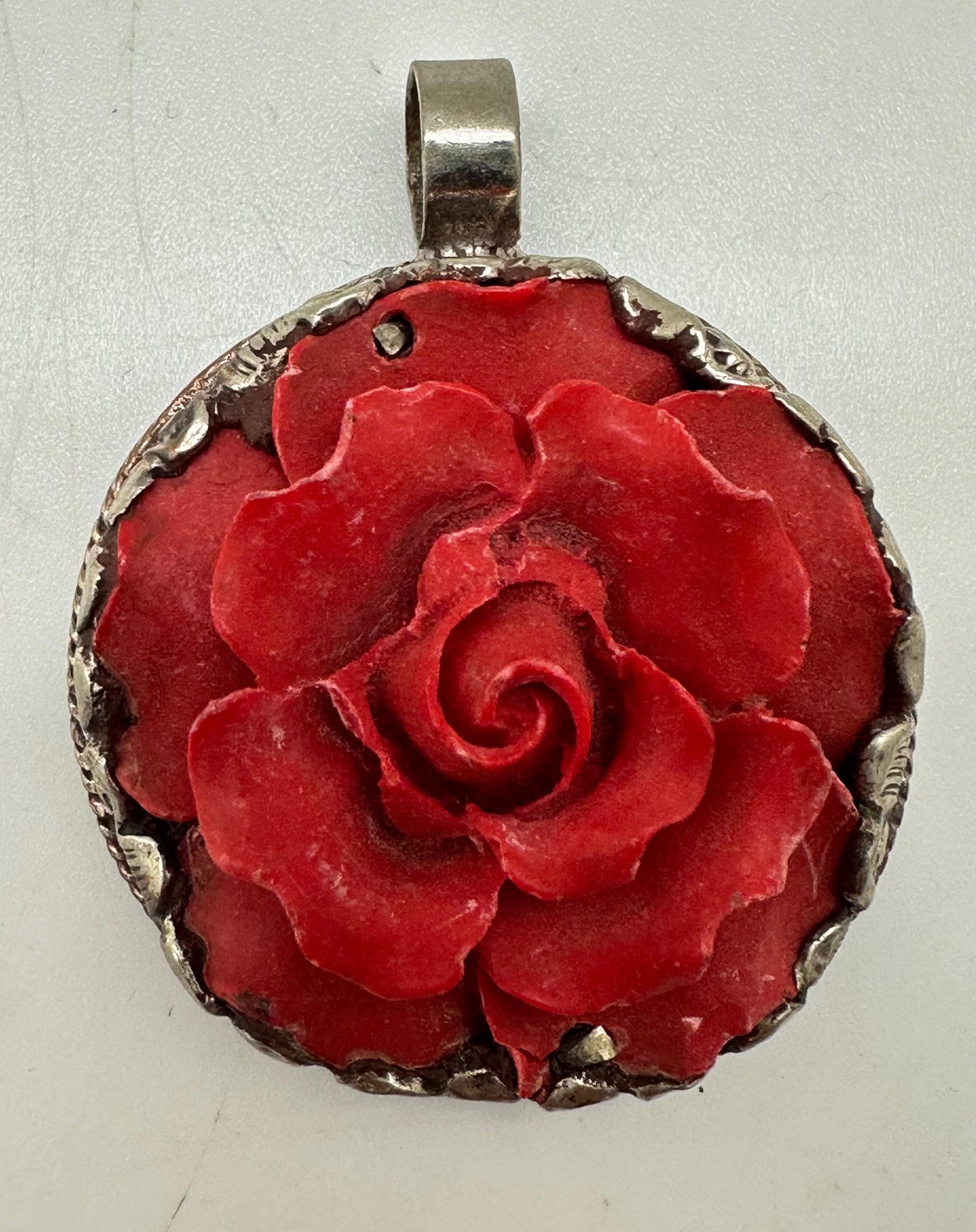 Flower pendant, red resin rose pendant,handcrafted, tibetan silver, ethnic style, Nepalese,52mmX41mm