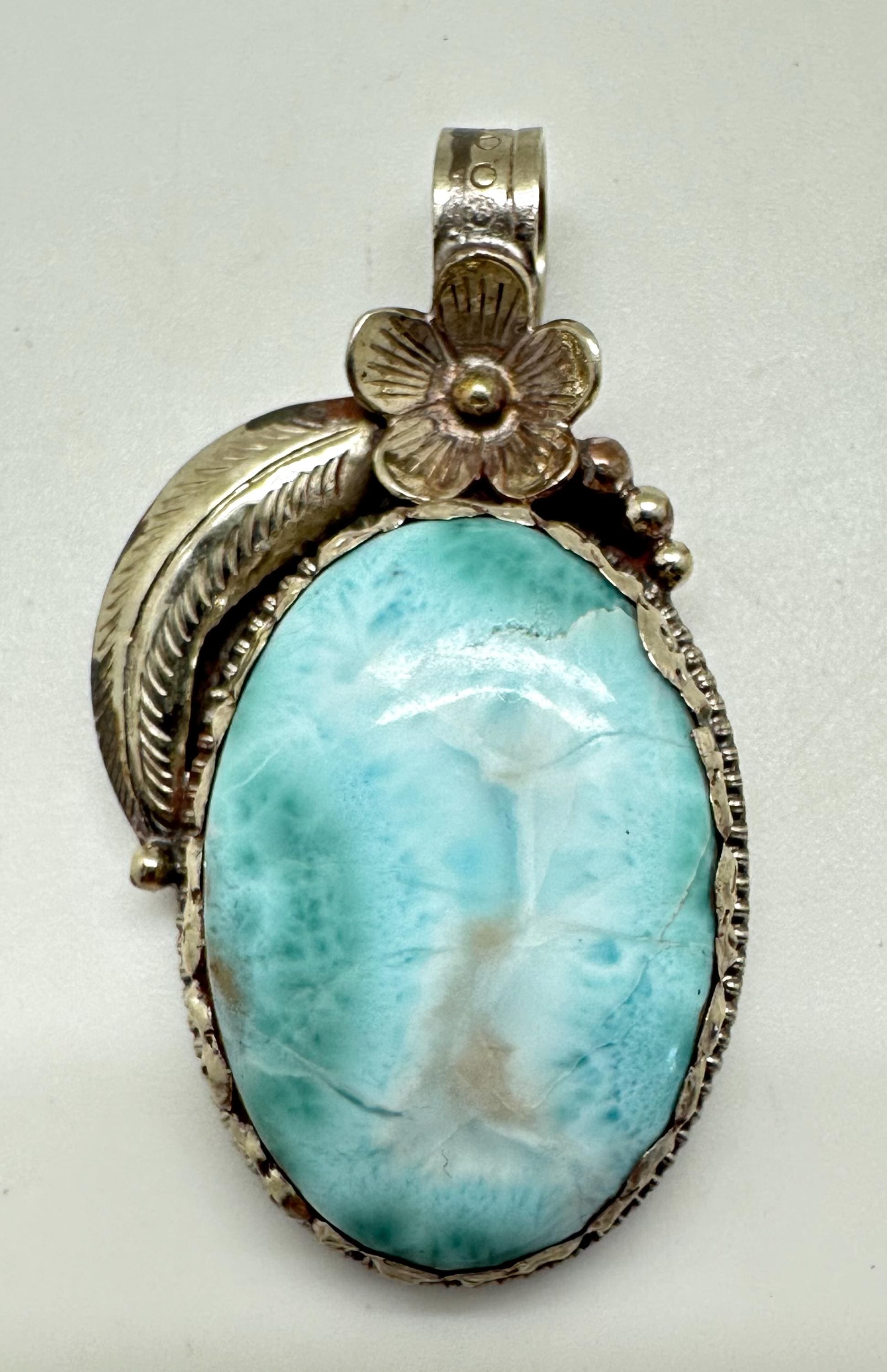 Larimar pendant, handcrafted , Tibetan silver, ethnic style,Nepalese, 56X28mm