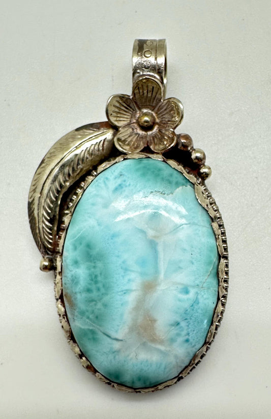 Larimar pendant, handcrafted , Tibetan silver, ethnic style,Nepalese, 56X28mm