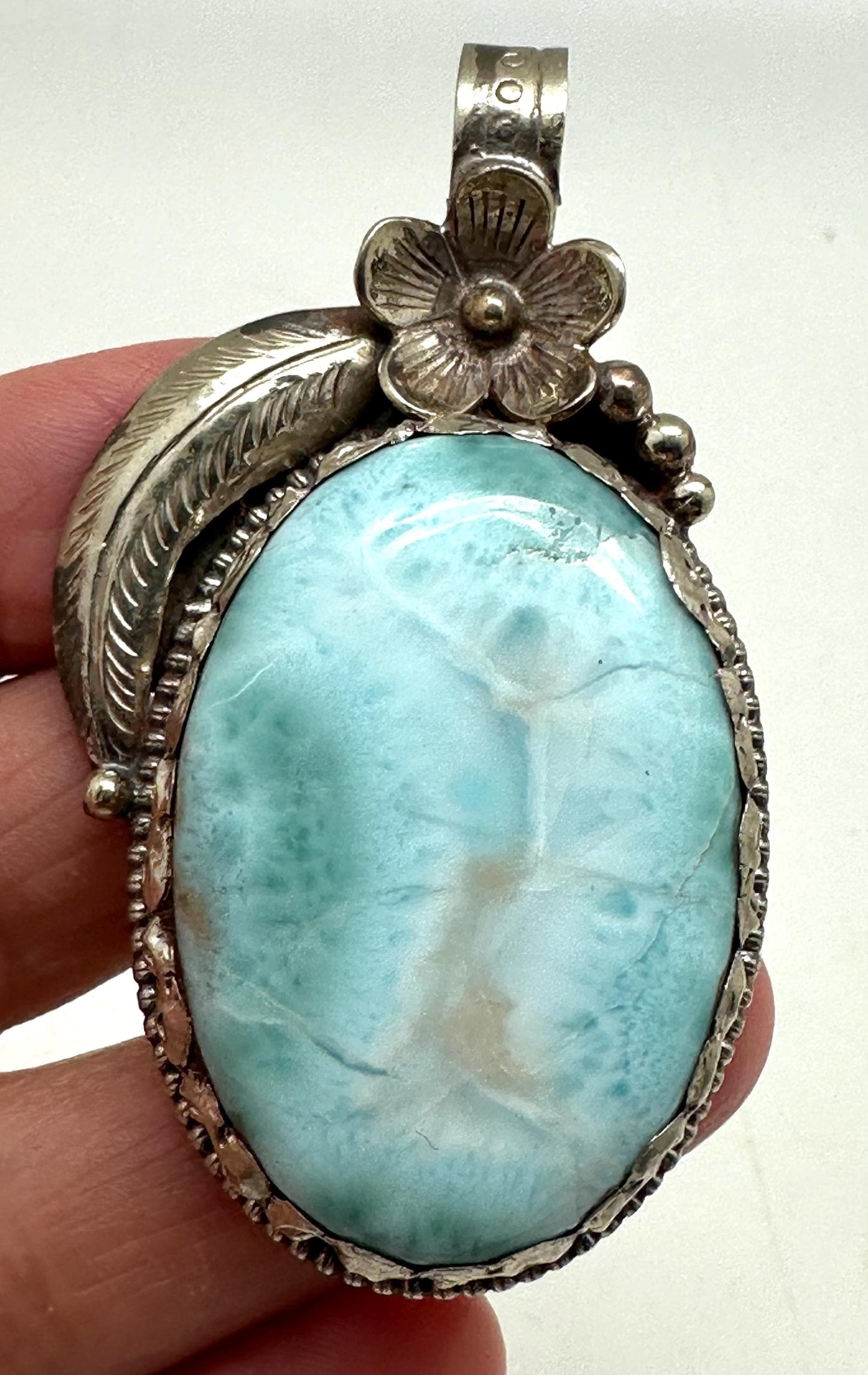 Larimar pendant, handcrafted , Tibetan silver, ethnic style,Nepalese, 56X28mm