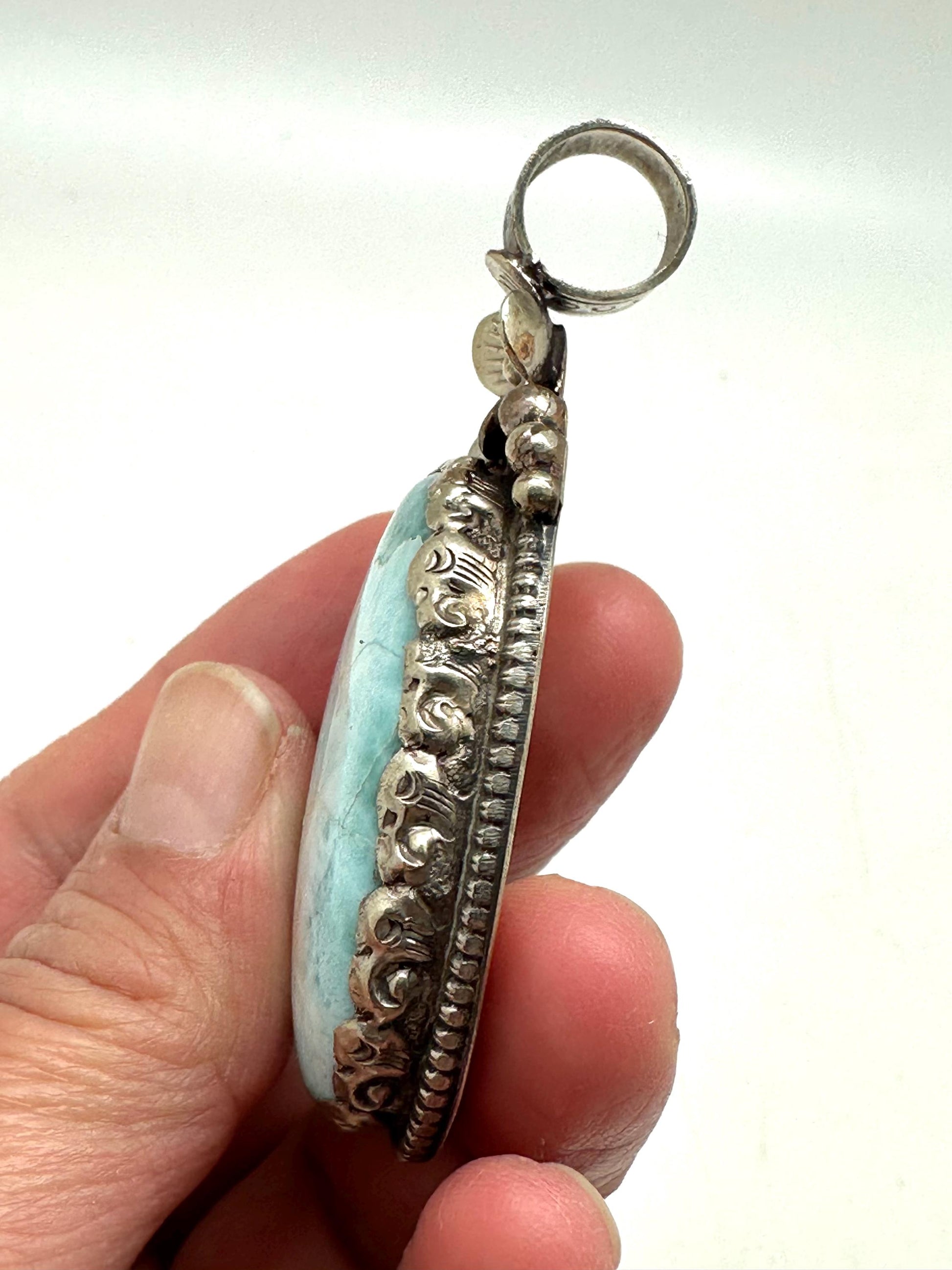Larimar pendant, handcrafted , Tibetan silver, ethnic style,Nepalese, 56X28mm