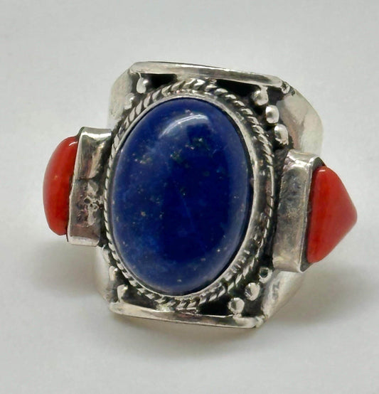 lapis and coral ring, handcrafted,sterling silver, ethnic style, size 9.5