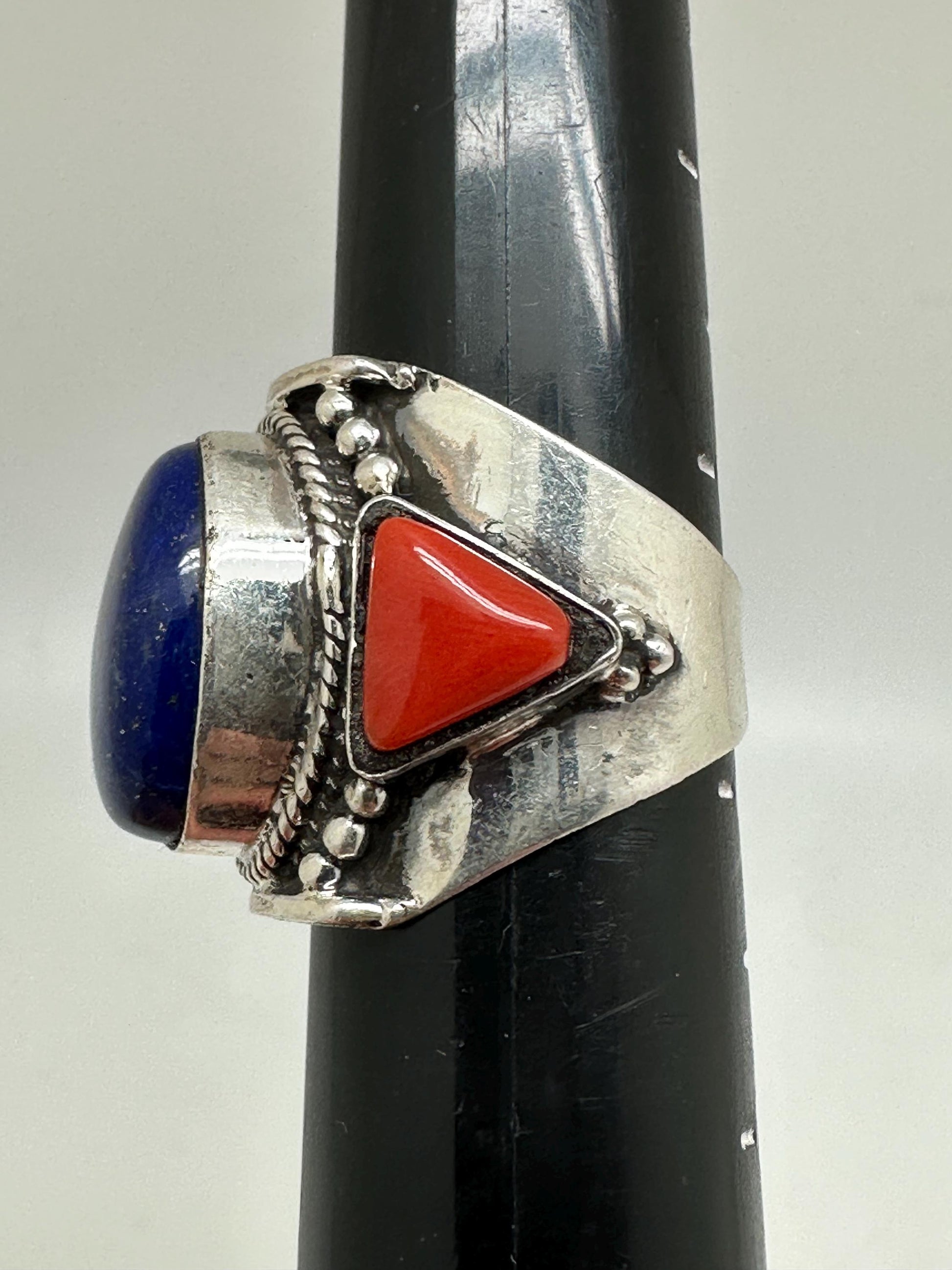 lapis and coral ring, handcrafted,sterling silver, ethnic style, size 9.5