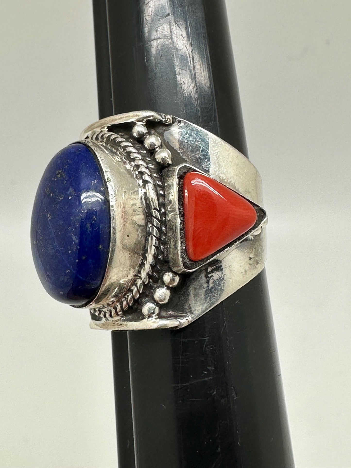 lapis and coral ring, handcrafted,sterling silver, ethnic style, size 9.5