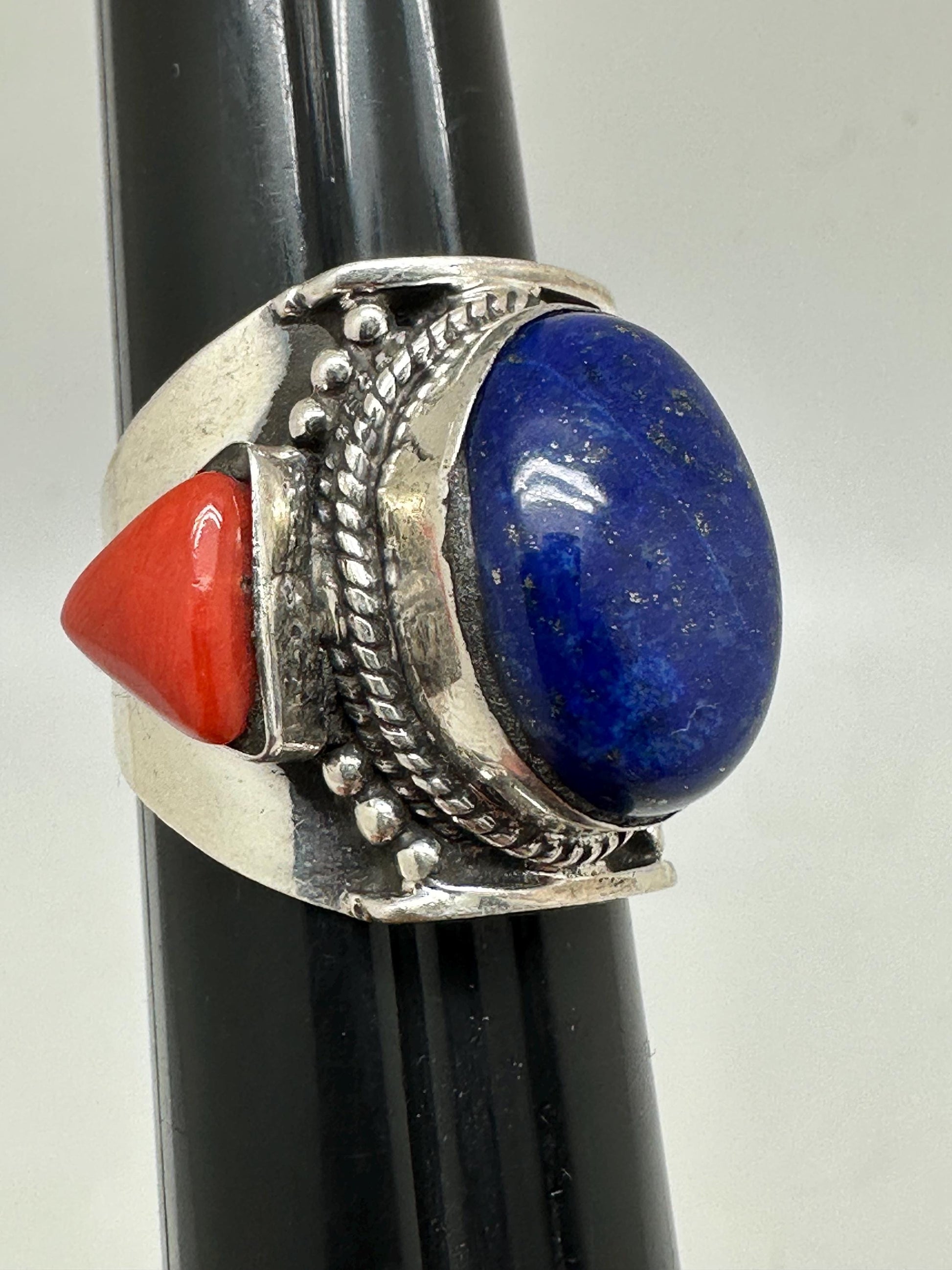 lapis and coral ring, handcrafted,sterling silver, ethnic style, size 9.5