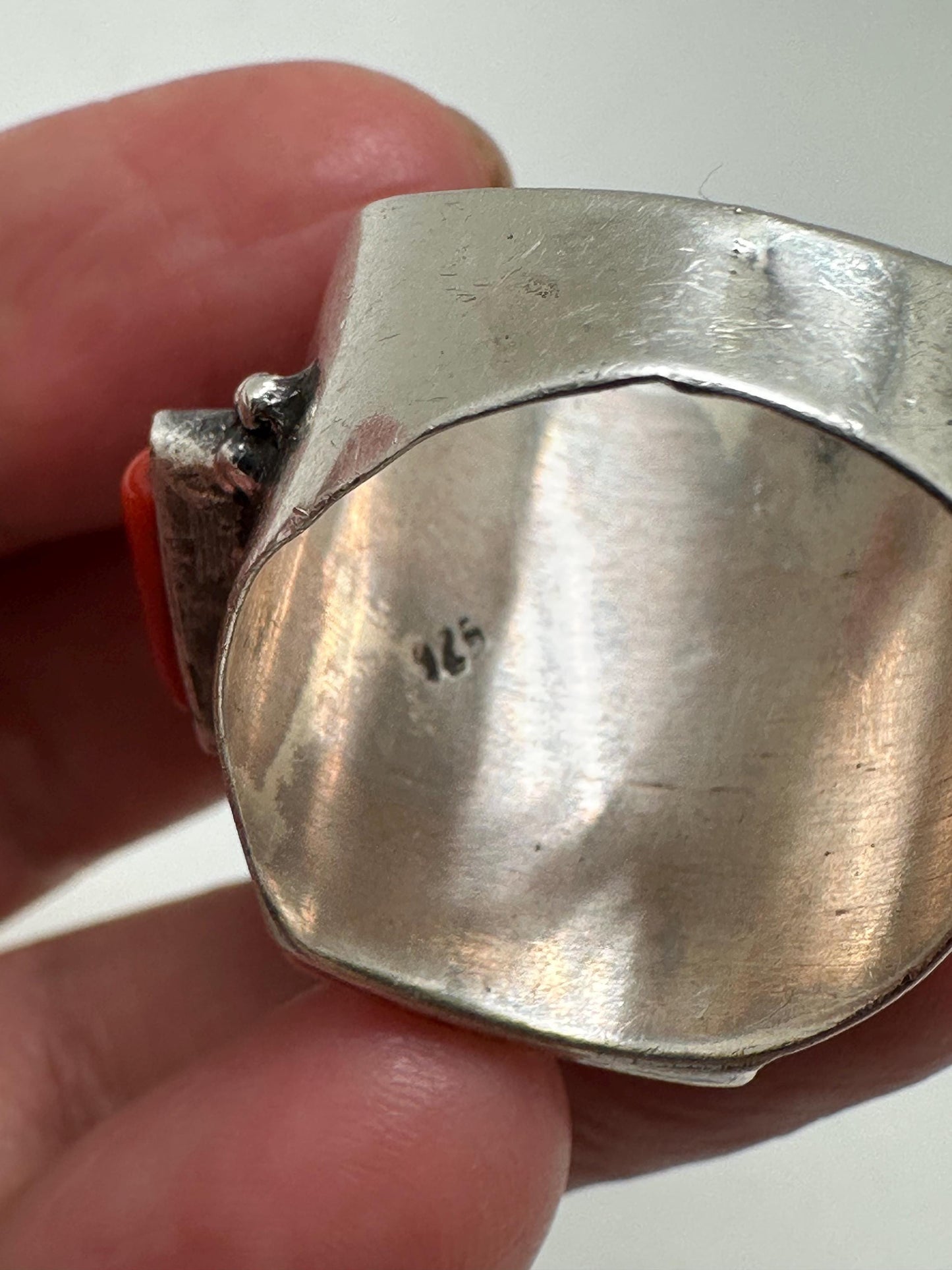 lapis and coral ring, handcrafted,sterling silver, ethnic style, size 9.5