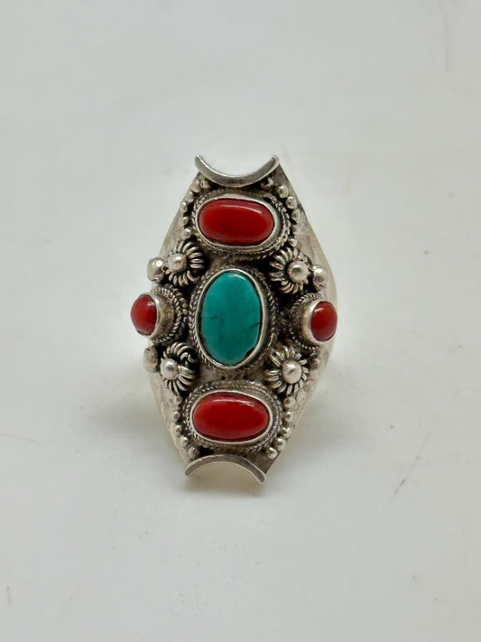 turquoise and coral ring, handcrafted,925 sterling silver,ethnic style, adjustable ,Nepalese