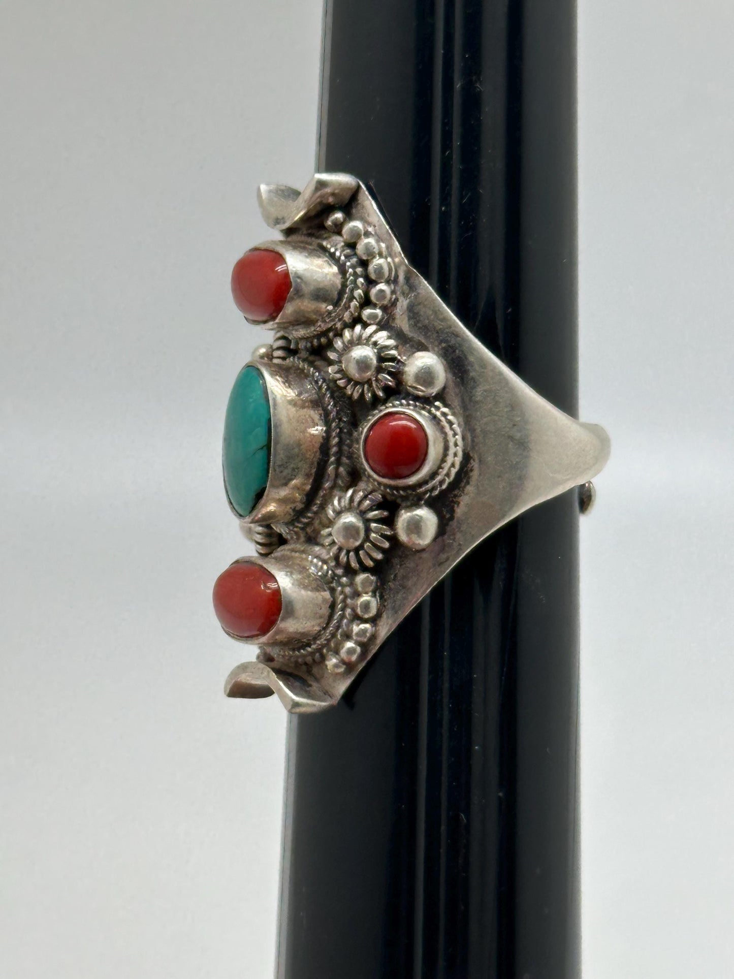 turquoise and coral ring, handcrafted,925 sterling silver,ethnic style, adjustable ,Nepalese