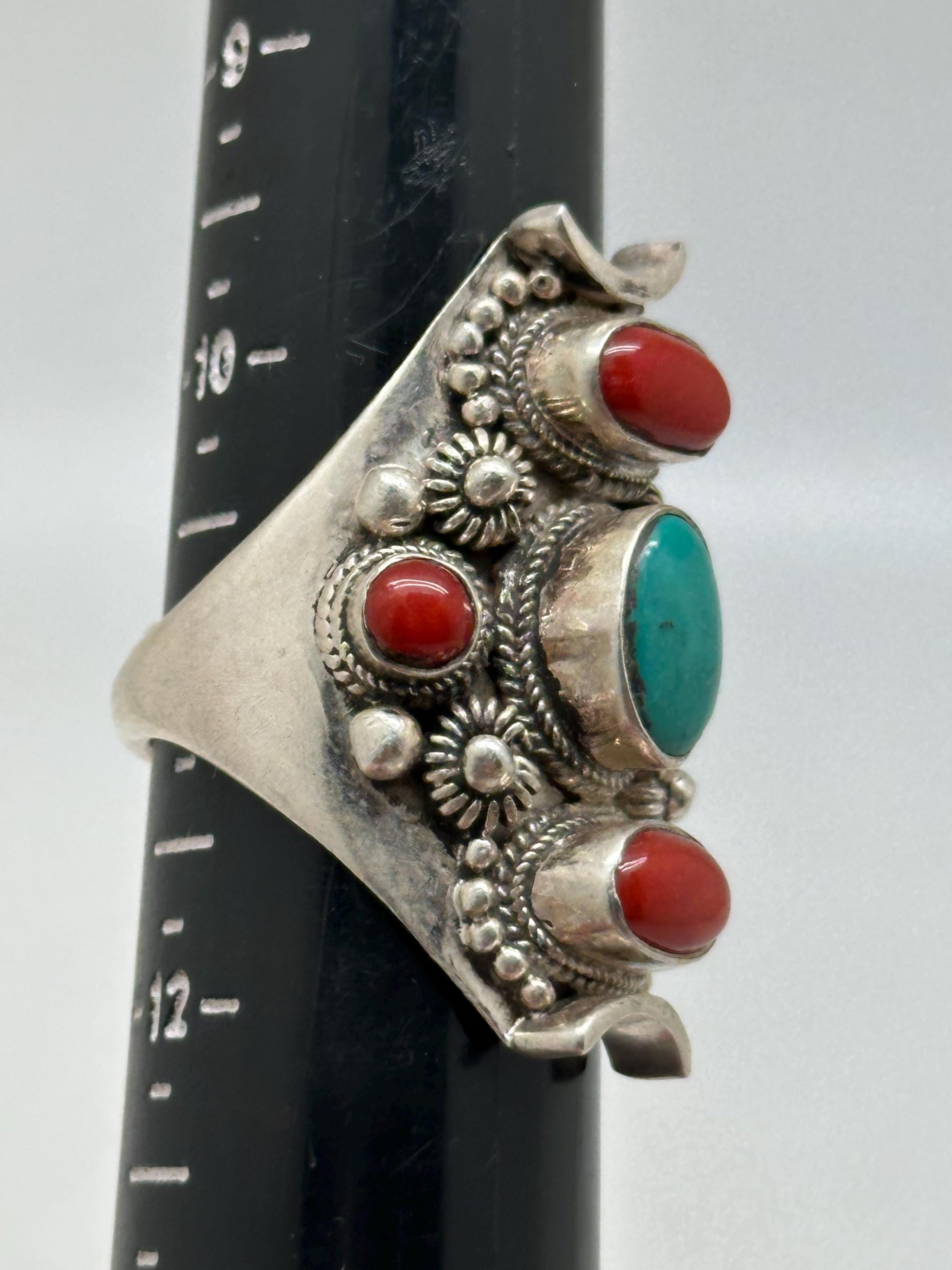 turquoise and coral ring, handcrafted,925 sterling silver,ethnic style, adjustable ,Nepalese