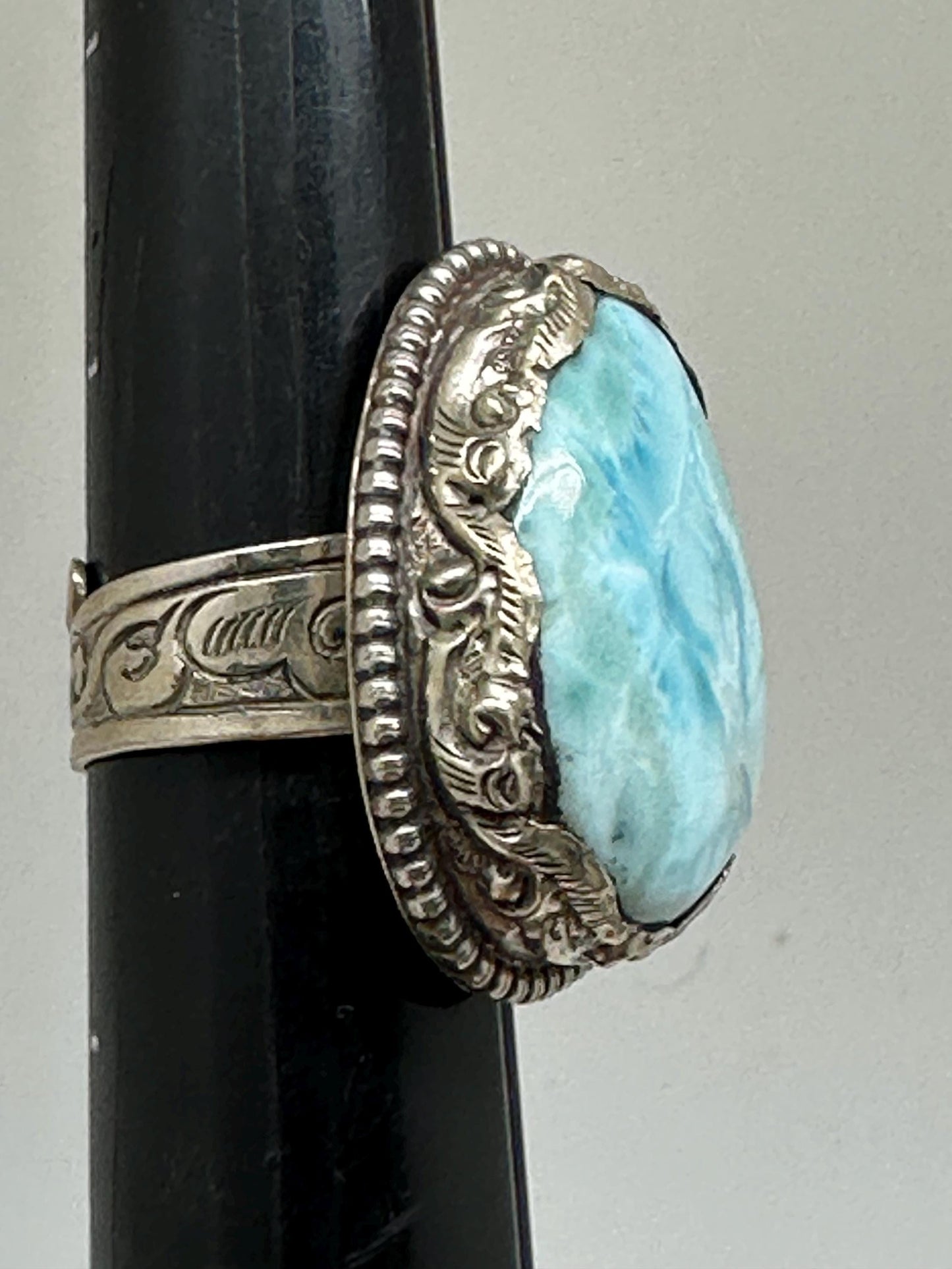 Larimar ring, handcrafted,tibetan repouse silver, ethnic style, adjustable,