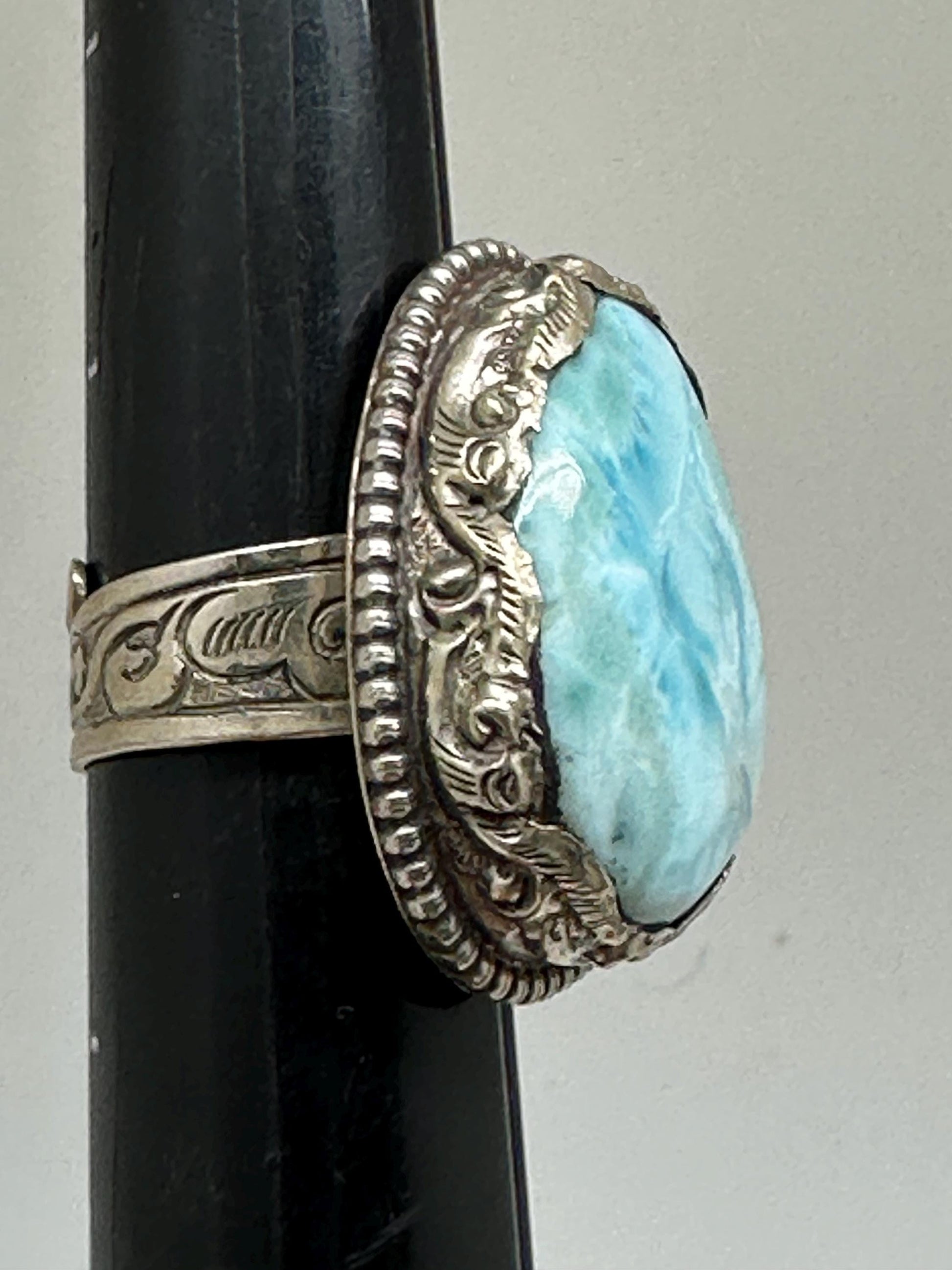 Larimar ring, handcrafted,tibetan repouse silver, ethnic style, adjustable,