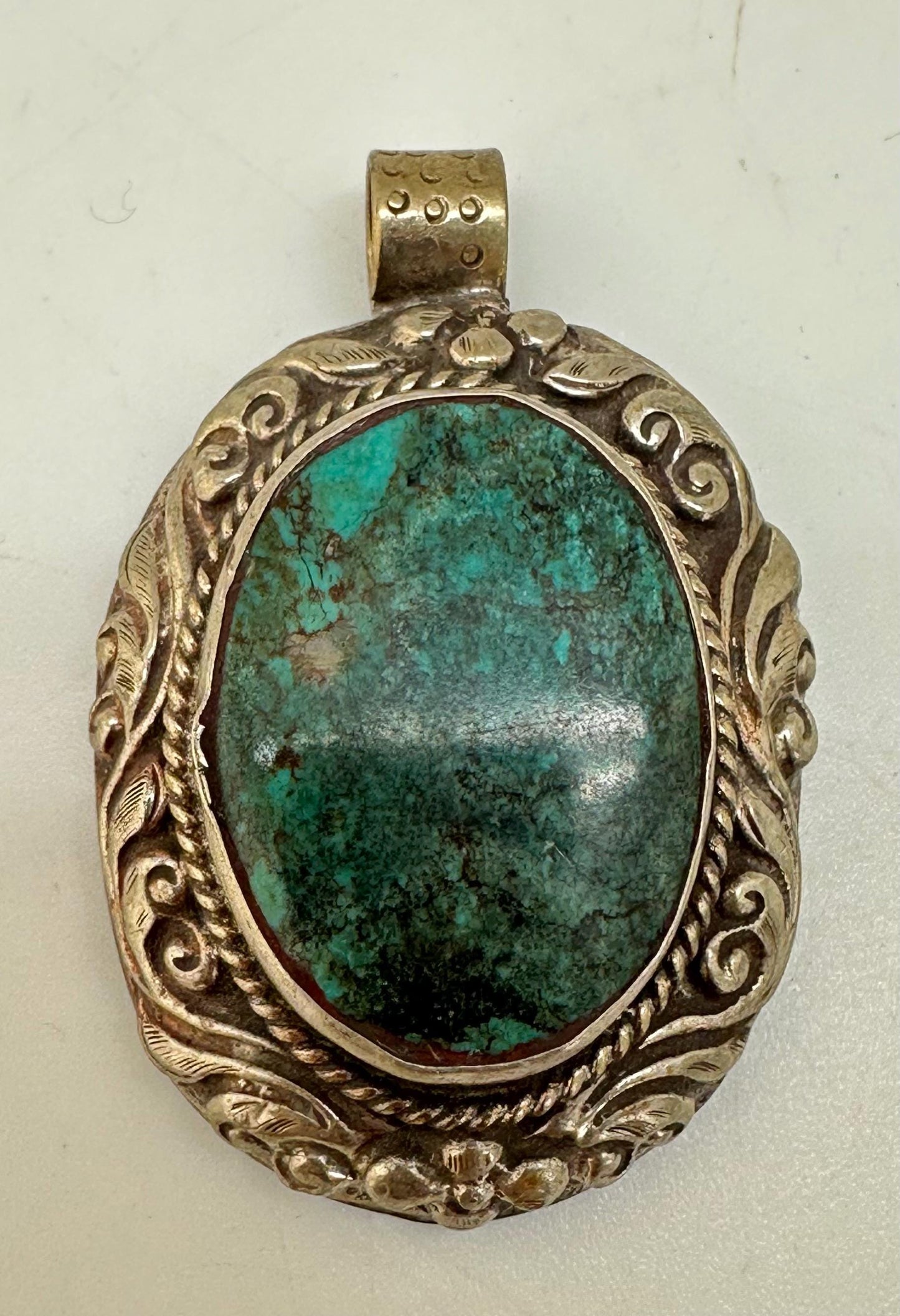 turquoise pendant, handcrafted,tibetan repousse silver,ethnic style,Nepalese 52mmX32mm