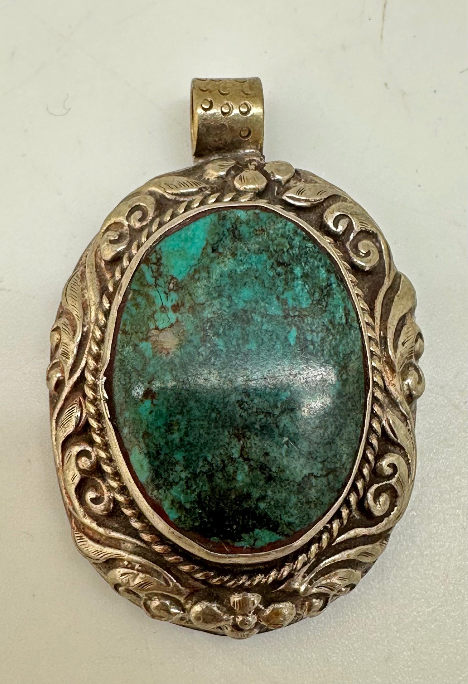 turquoise pendant, handcrafted,tibetan repousse silver,ethnic style,Nepalese 52mmX32mm