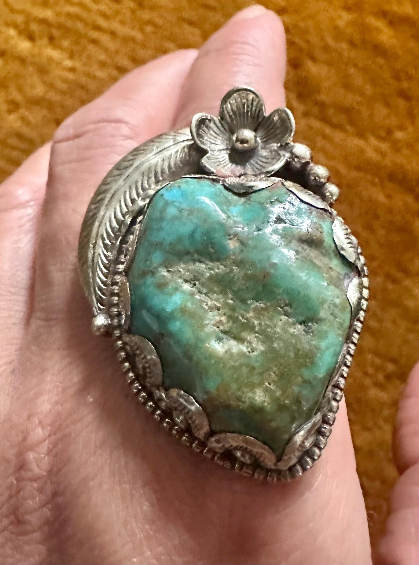 Handcrafted Turquoise Ring: Tibetan repousse Silver Adjustable Band