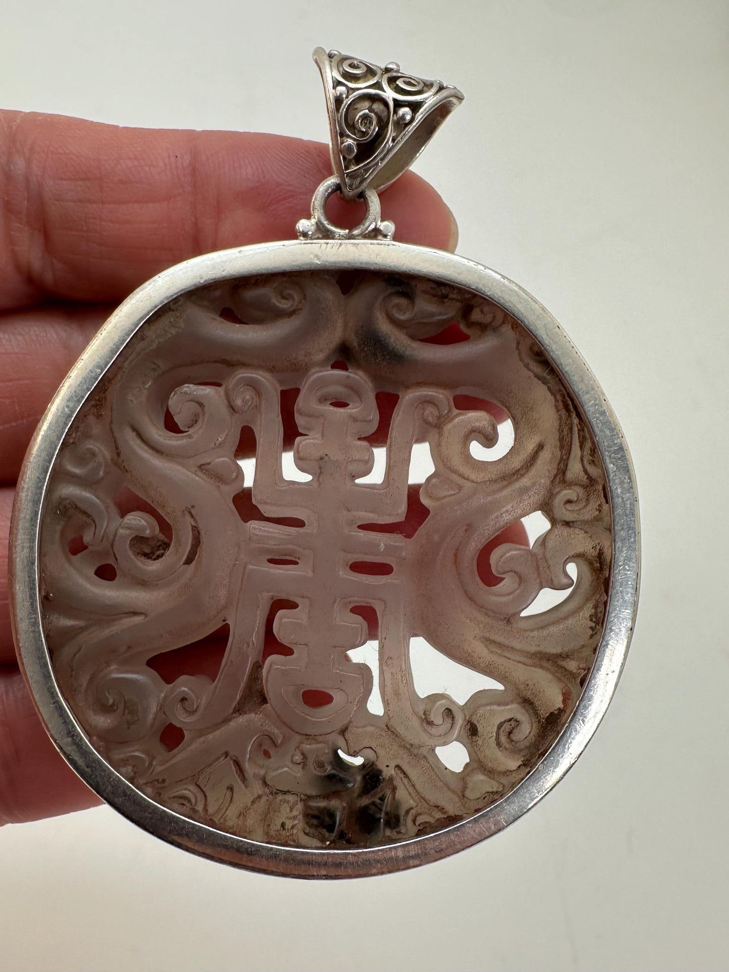 Jade pendant,handcrafted, 925 silver,sterling silver with bail 44.7mmX59.6mm with bail weighs about 35gm