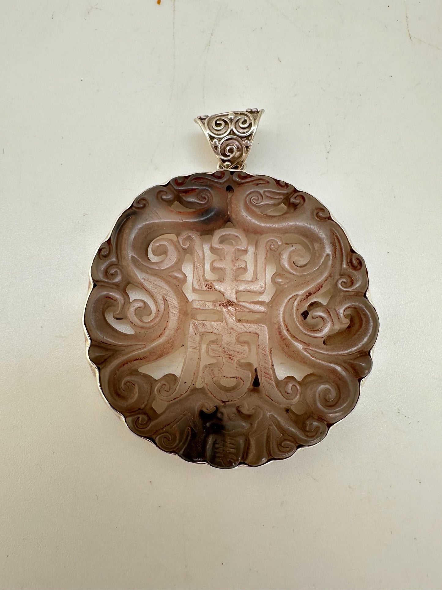 Jade pendant,handcrafted, 925 silver,sterling silver with bail 44.7mmX59.6mm with bail weighs about 35gm