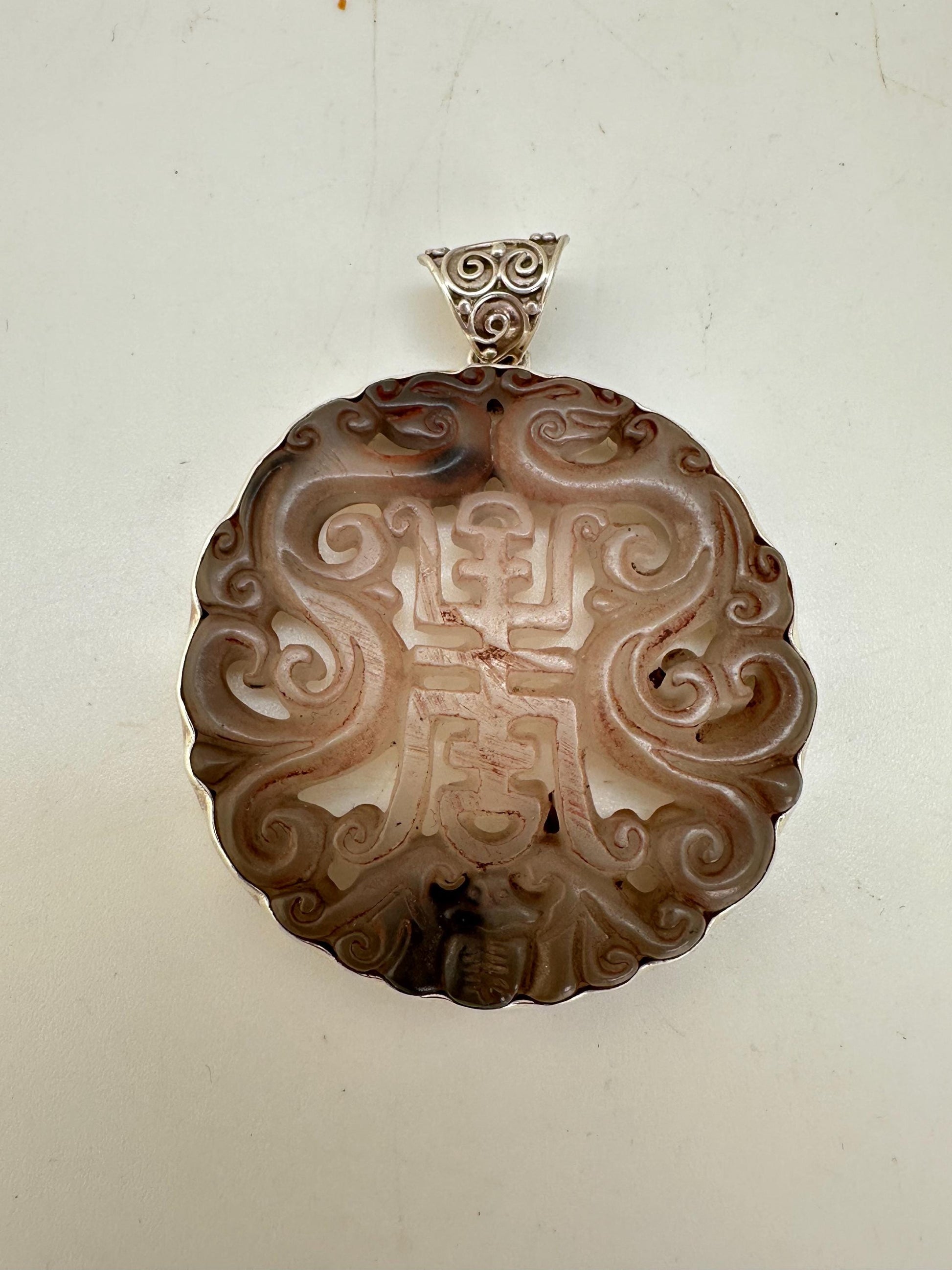 Jade pendant,handcrafted, 925 silver,sterling silver with bail 44.7mmX59.6mm with bail weighs about 35gm