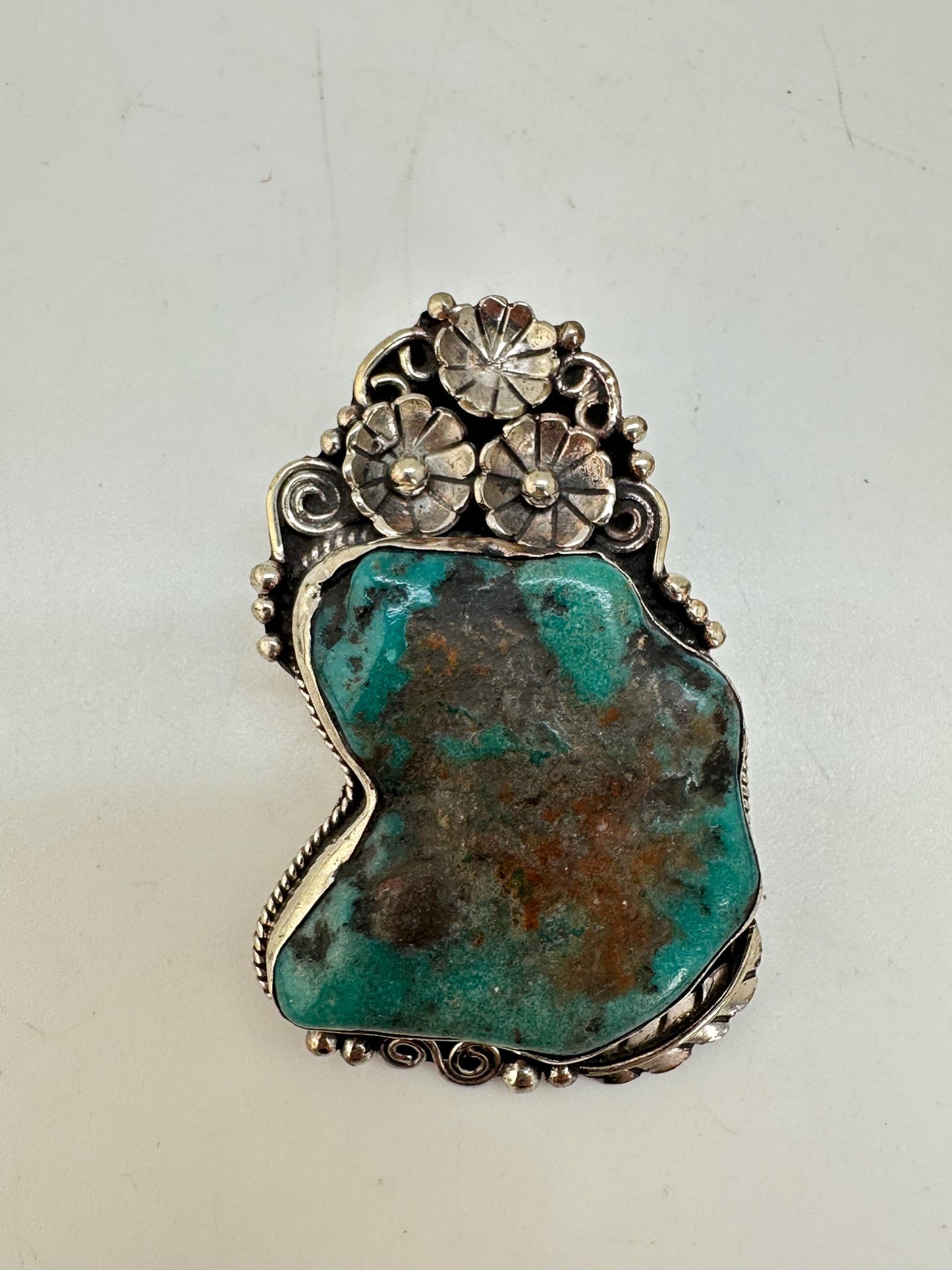 Turquoise pendant,handcrafted,floral design, ethnic style,Tibetan silver,Nepalese,41mmX61mm with bail