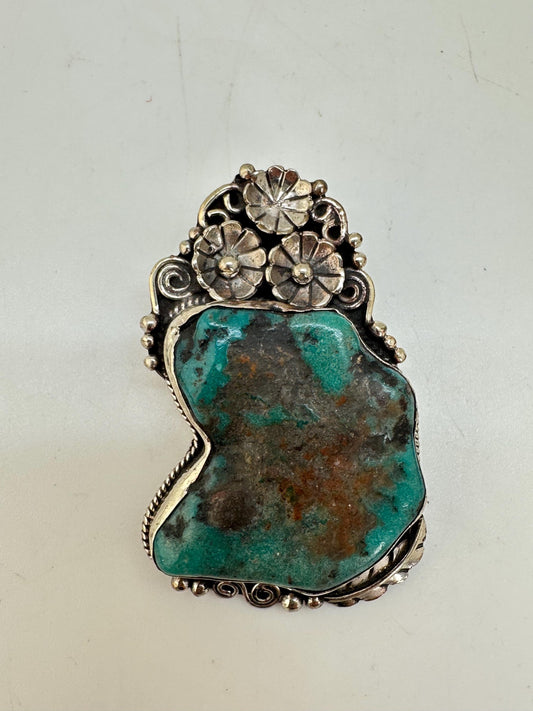 Turquoise pendant,handcrafted,floral design, ethnic style,Tibetan silver,Nepalese,41mmX61mm with bail