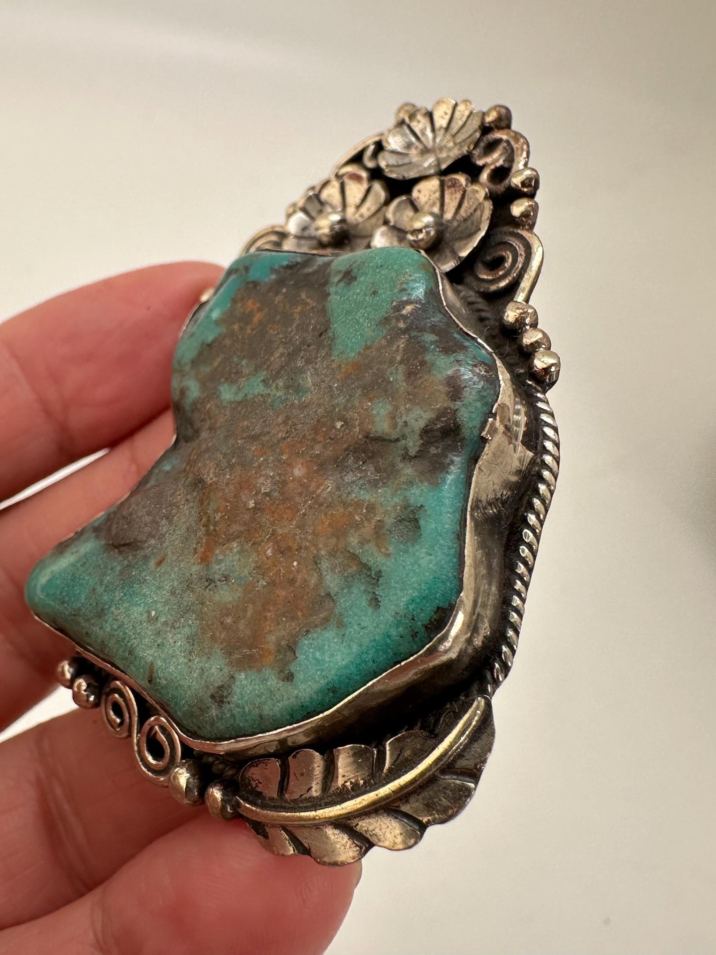 Turquoise pendant,handcrafted,floral design, ethnic style,Tibetan silver,Nepalese,41mmX61mm with bail