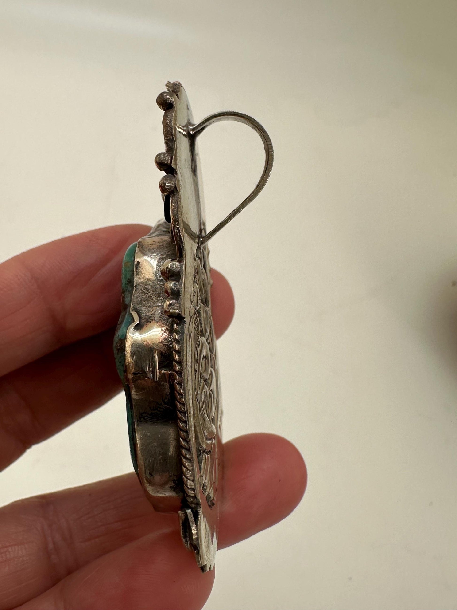 Turquoise pendant,handcrafted,floral design, ethnic style,Tibetan silver,Nepalese,41mmX61mm with bail