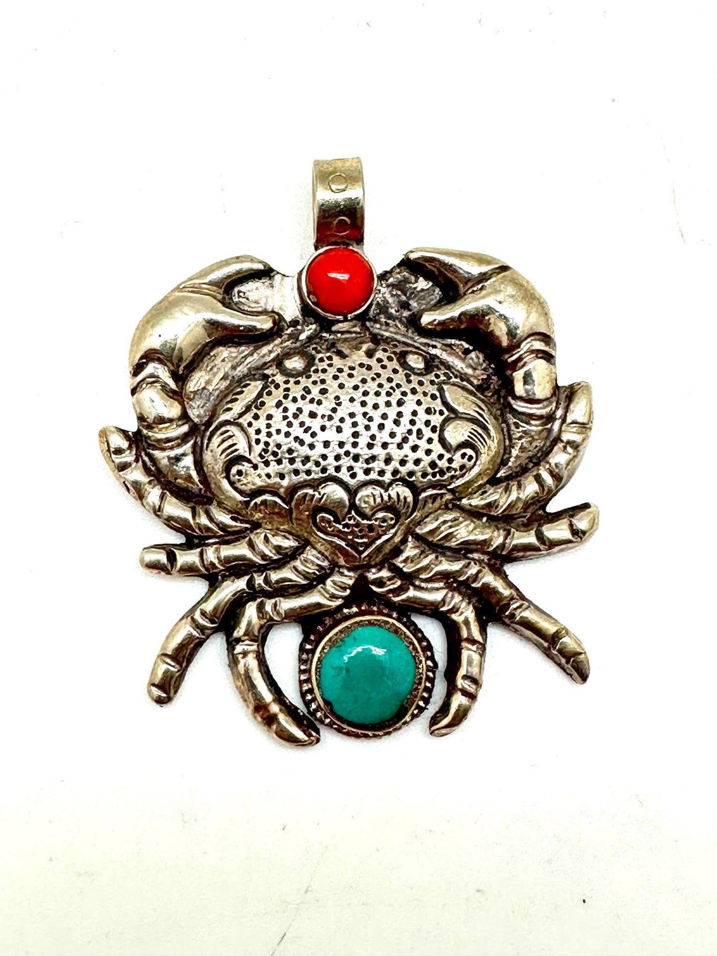 crab pendant, coral,turquoise,handcrafted,tibetan silver, ethnic style,Nepalese,53X45mm