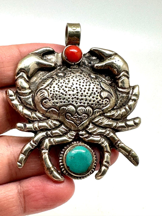 crab pendant, coral,turquoise,handcrafted,tibetan silver, ethnic style,Nepalese,53X45mm