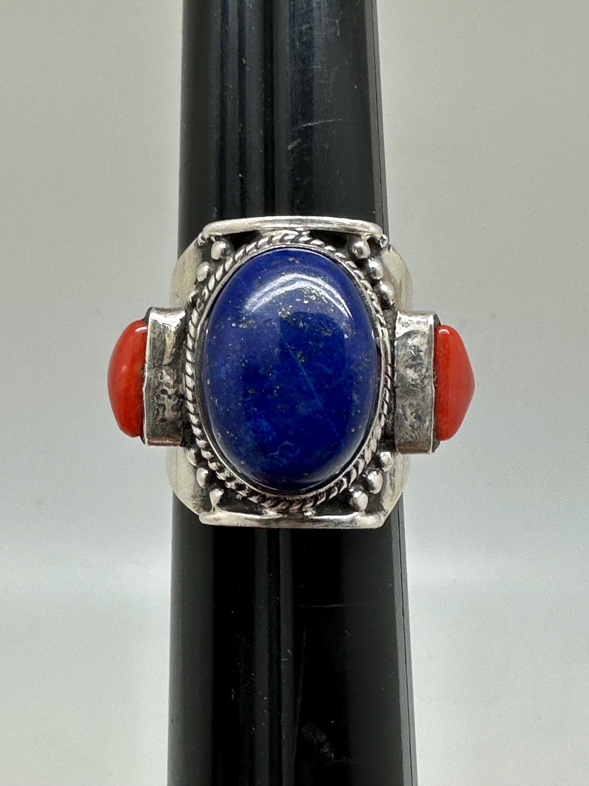 lapis and coral ring, handcrafted,sterling silver, ethnic style, size 9.5