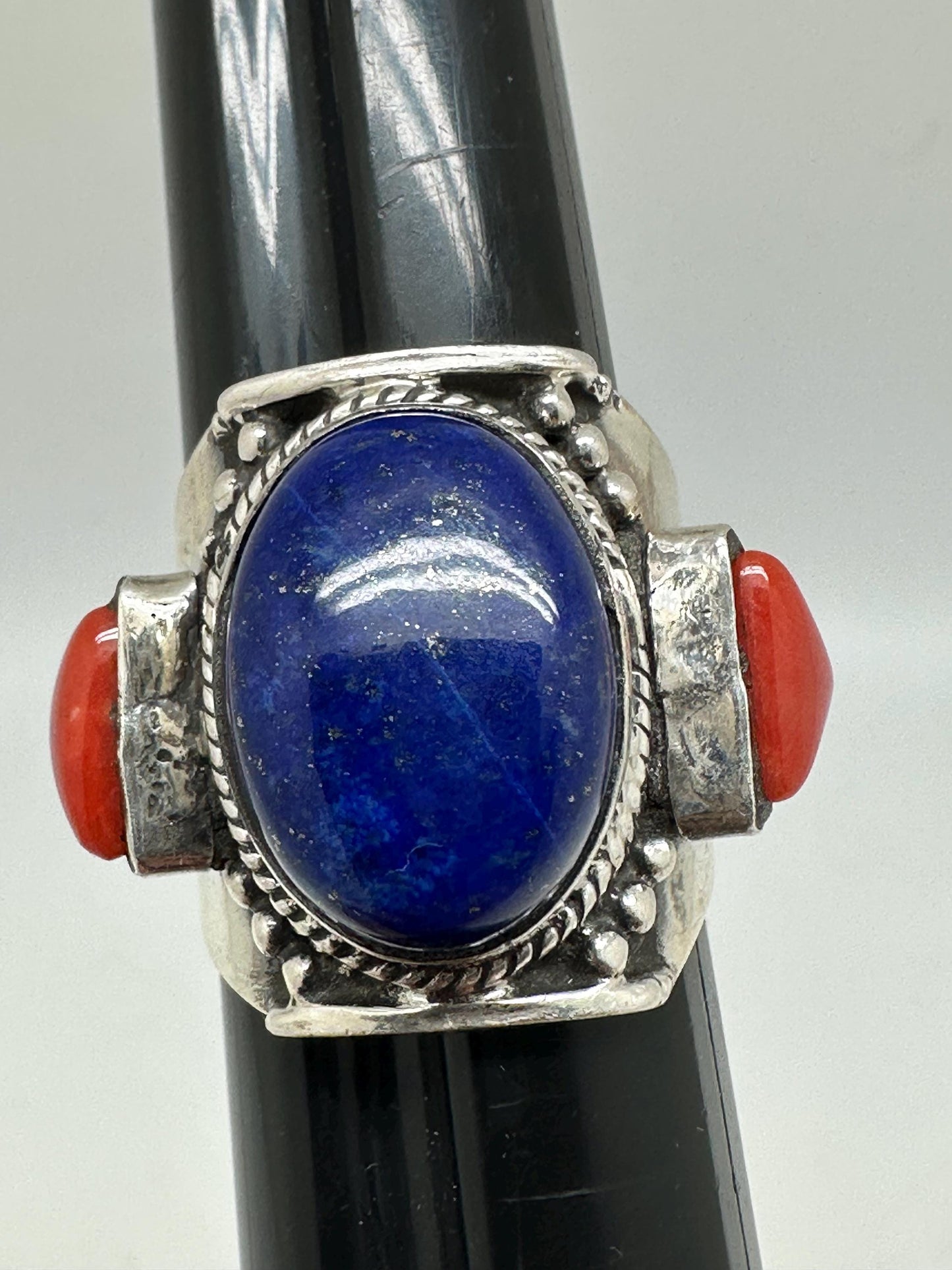 lapis and coral ring, handcrafted,sterling silver, ethnic style, size 9.5