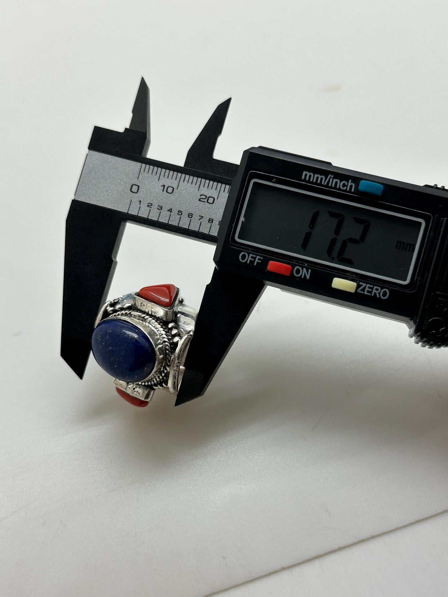 lapis and coral ring, handcrafted,sterling silver, ethnic style, size 9.5