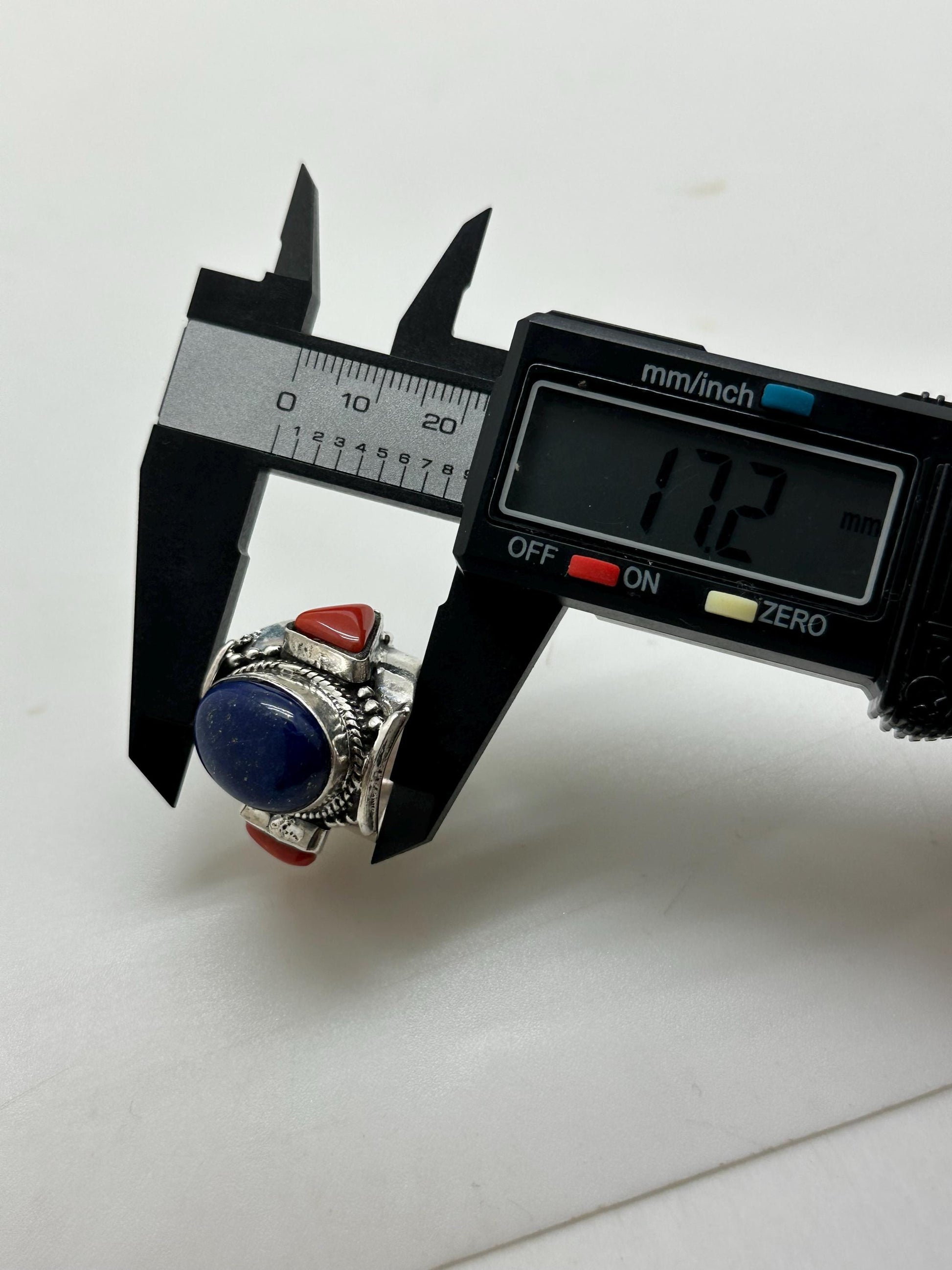 lapis and coral ring, handcrafted,sterling silver, ethnic style, size 9.5