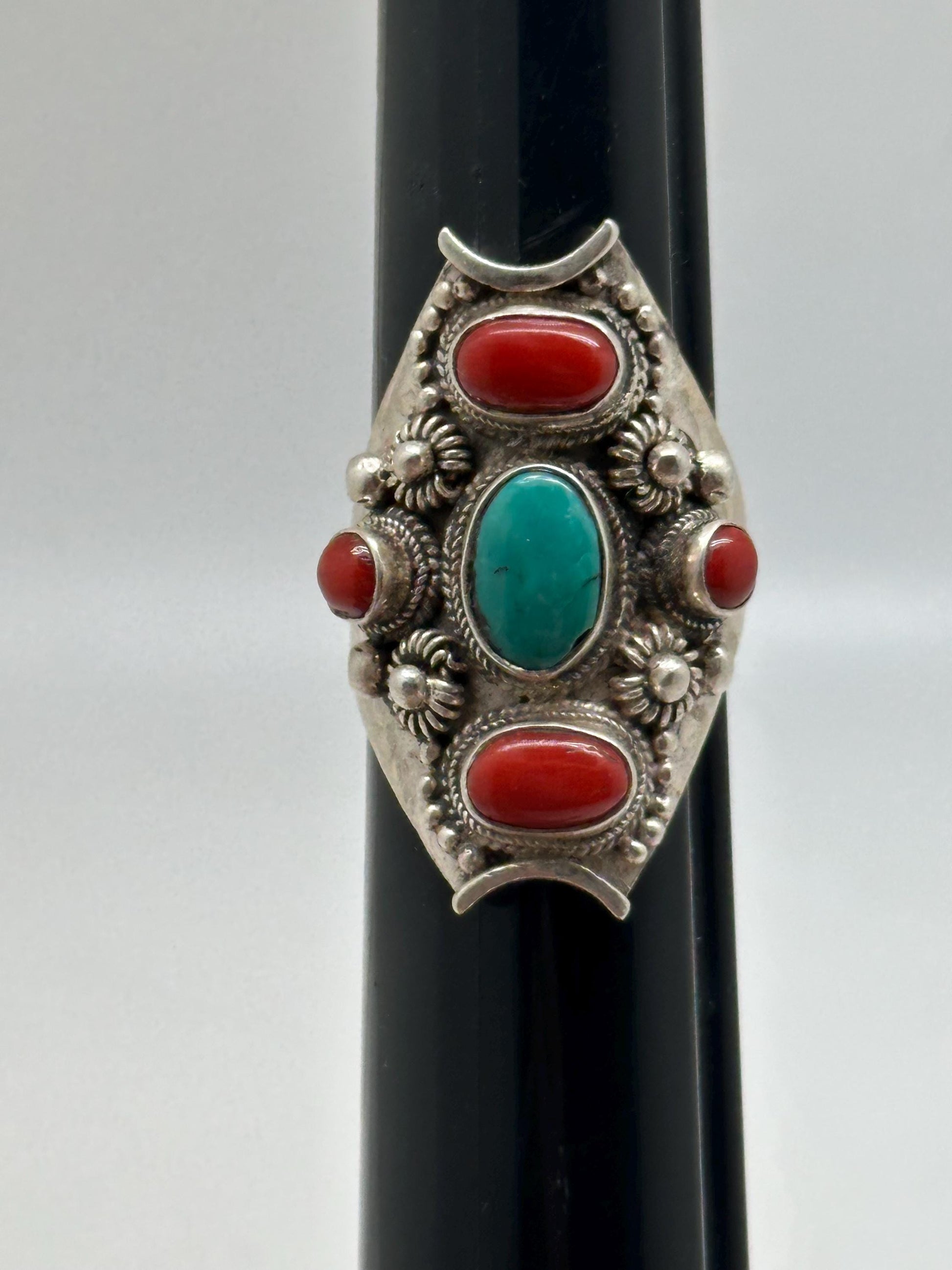 turquoise and coral ring, handcrafted,925 sterling silver,ethnic style, adjustable ,Nepalese