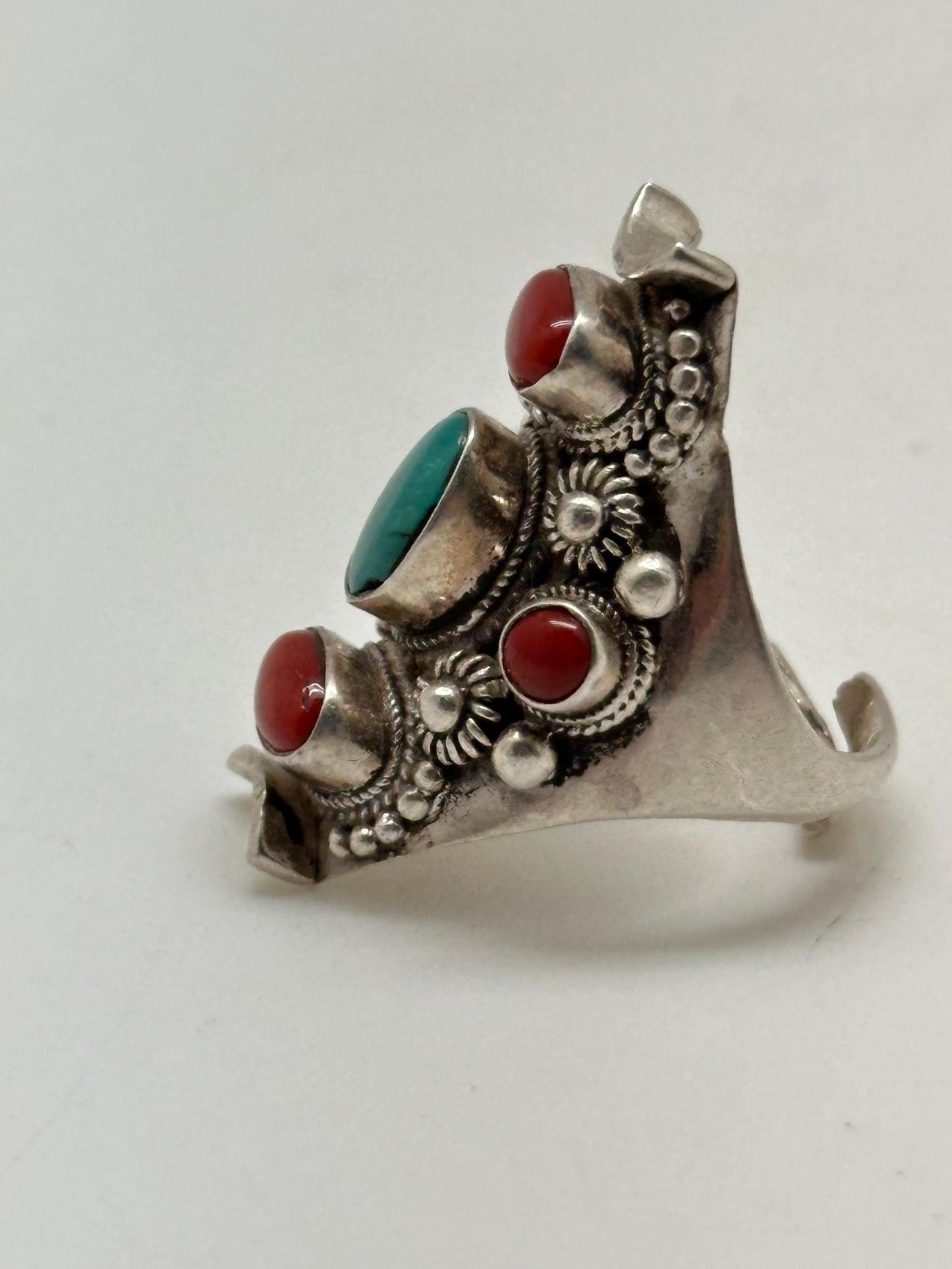 turquoise and coral ring, handcrafted,925 sterling silver,ethnic style, adjustable ,Nepalese