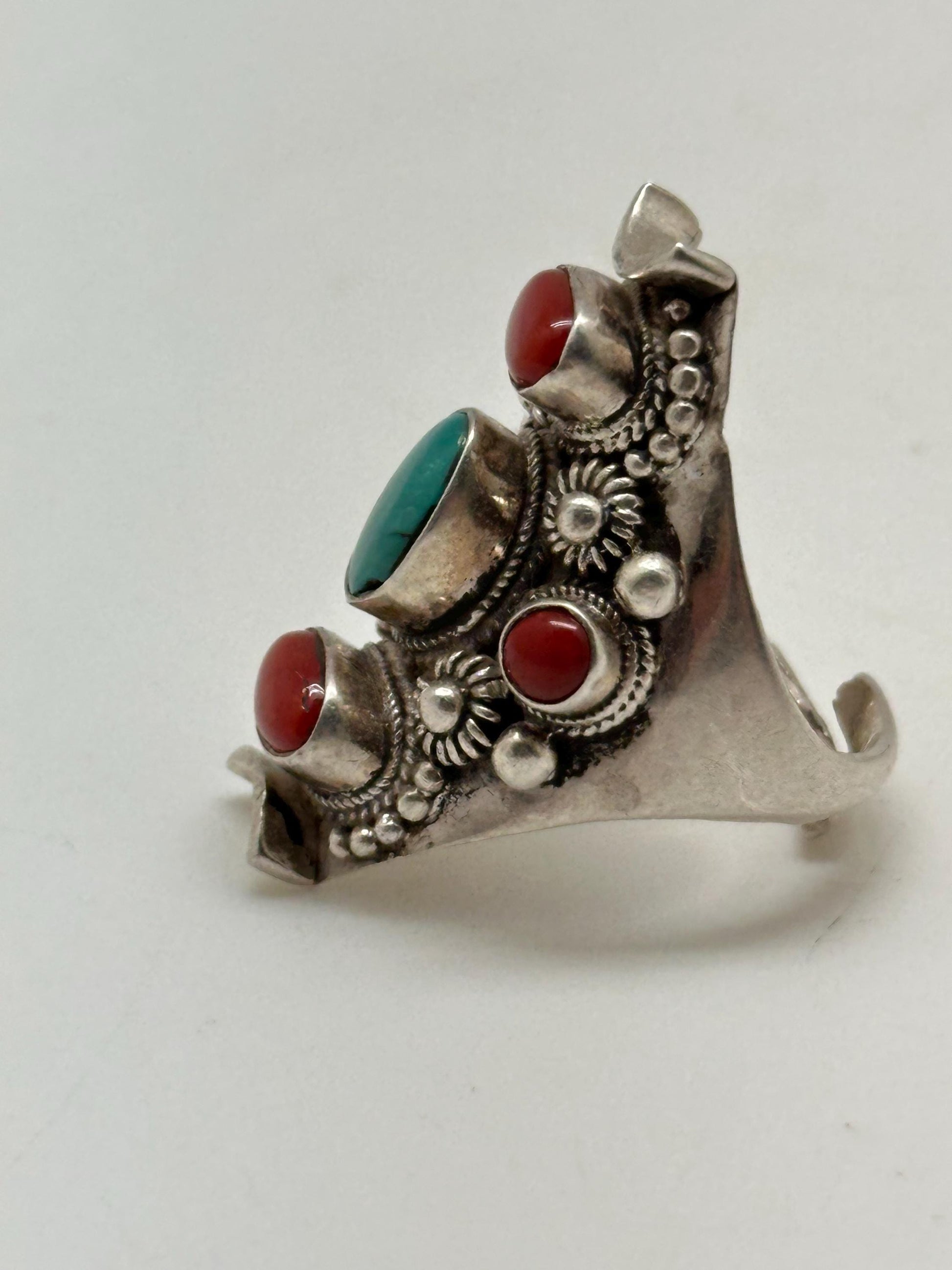 turquoise and coral ring, handcrafted,925 sterling silver,ethnic style, adjustable ,Nepalese