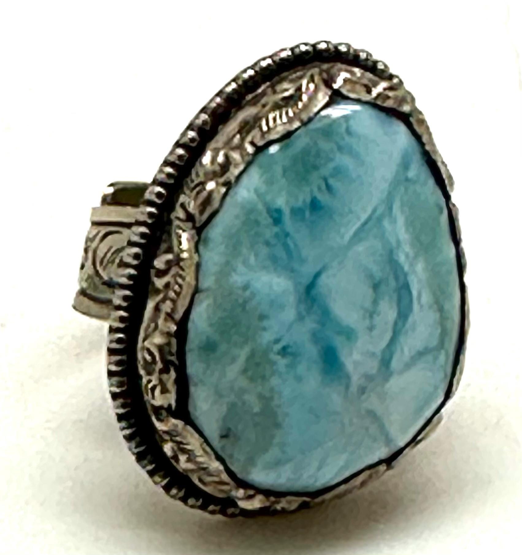 Larimar ring, handcrafted,tibetan repouse silver, ethnic style, adjustable,