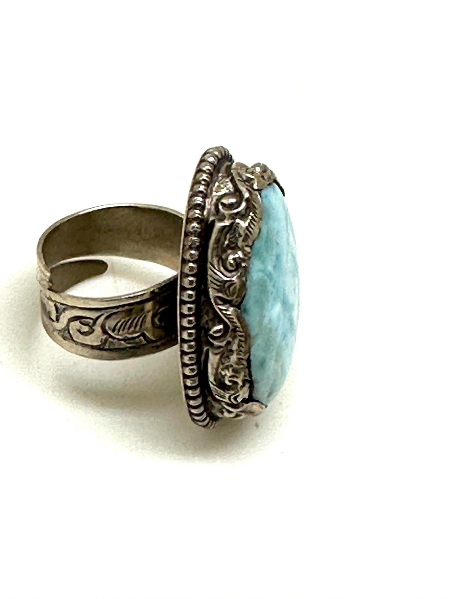 Larimar ring, handcrafted,tibetan repouse silver, ethnic style, adjustable,