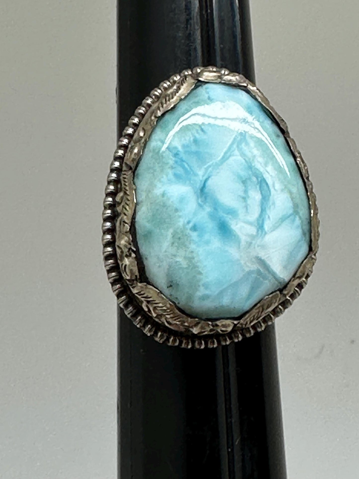 Larimar ring, handcrafted,tibetan repouse silver, ethnic style, adjustable,