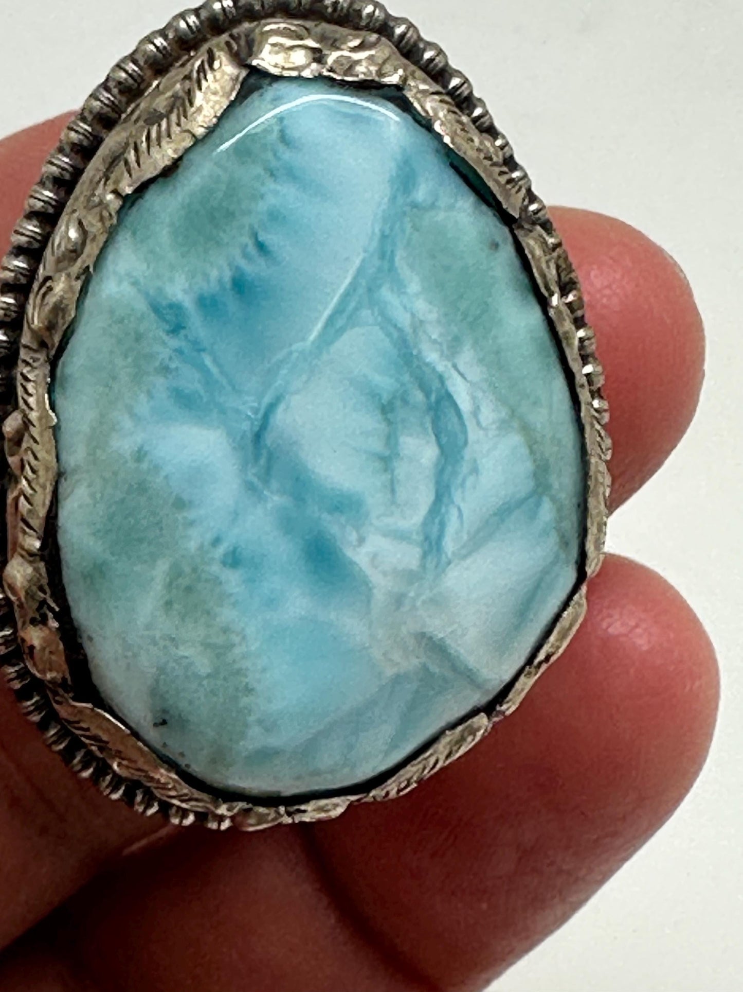 Larimar ring, handcrafted,tibetan repouse silver, ethnic style, adjustable,