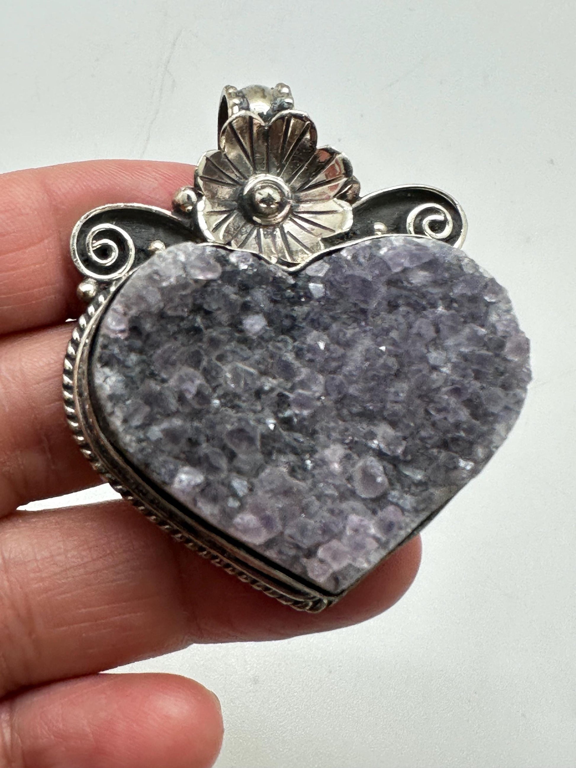 Amethyst Druzy Heart Pendant: Handcrafted Tibetan Silver Floral Design