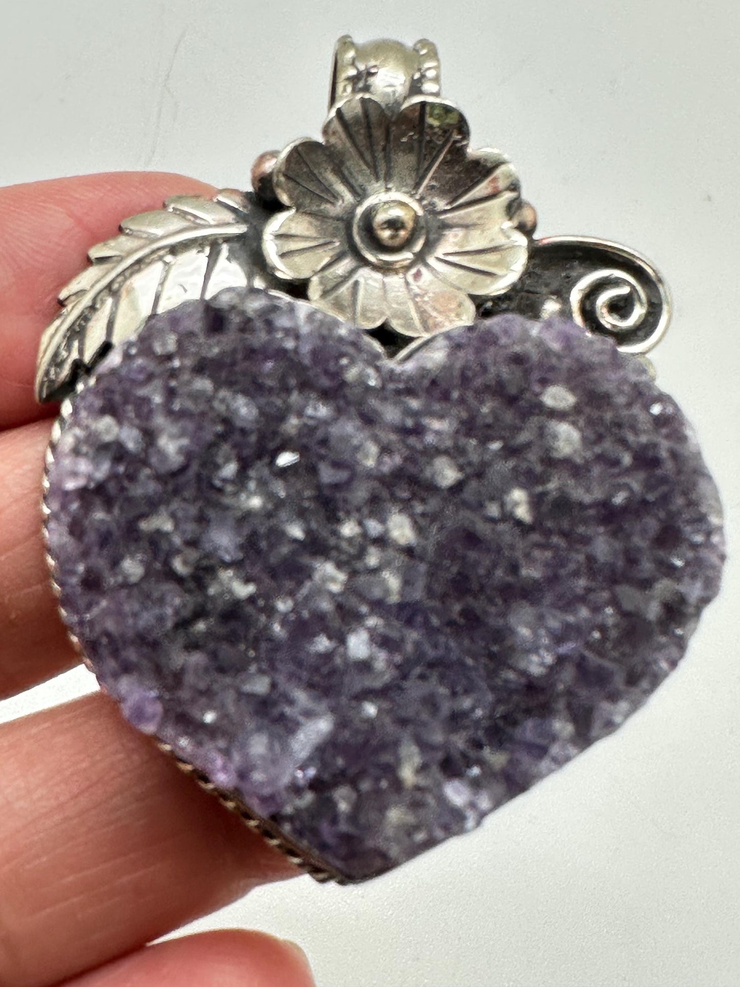 Amethyst Druzy Heart Pendant: Handcrafted Tibetan Silver Floral Design