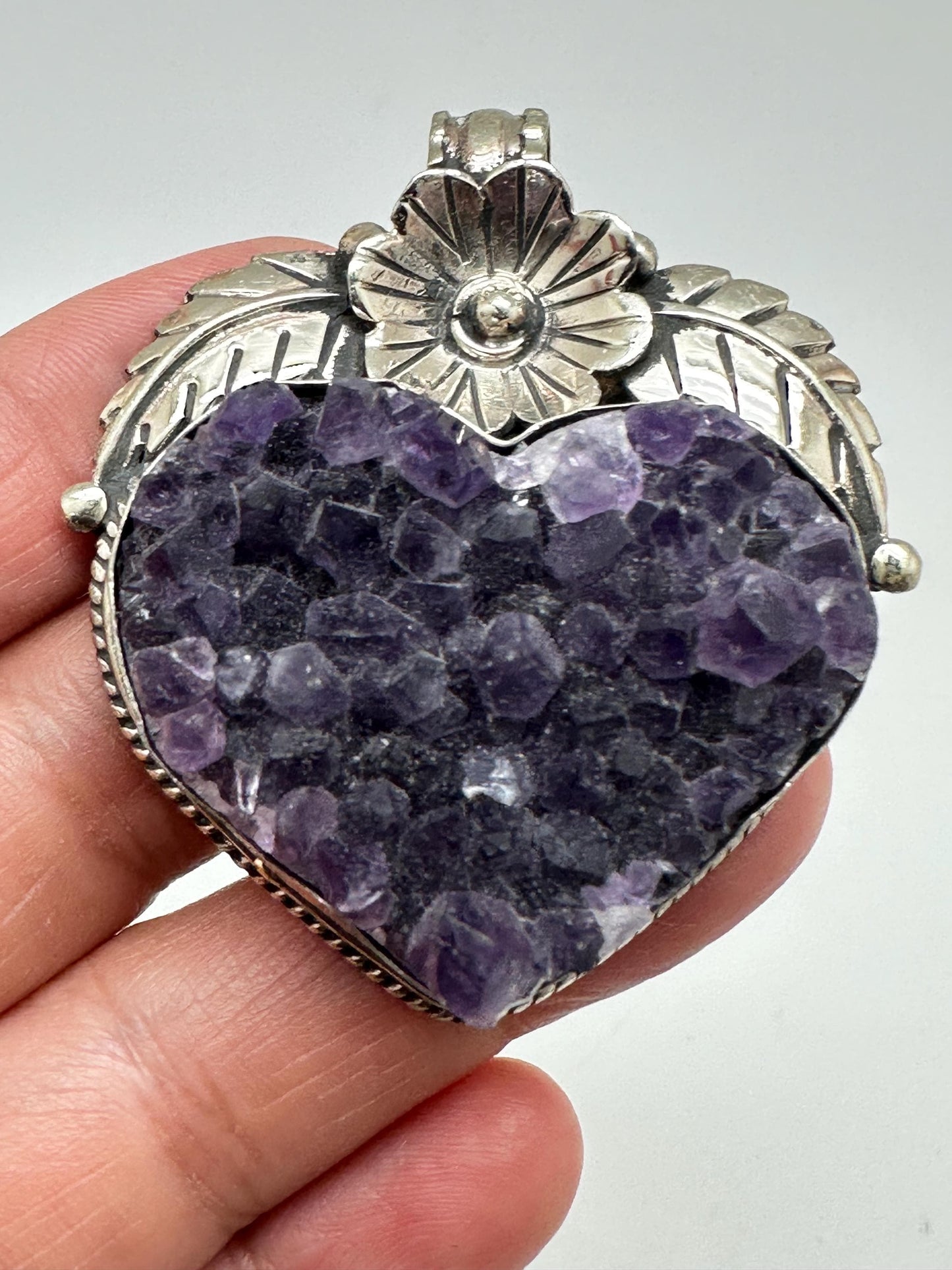 Amethyst Druzy Heart Pendant: Handcrafted Tibetan Silver Floral Design