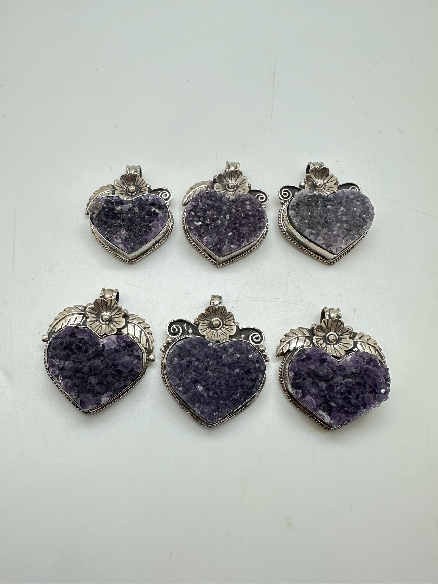 Amethyst Druzy Heart Pendant: Handcrafted Tibetan Silver Floral Design