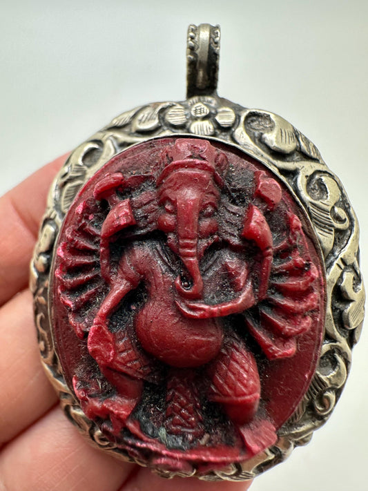 Ganesh pendant,handcrafted, Tibetansilver,Resin coral,Goodluck,prosperity,amulet 63mmX45mm