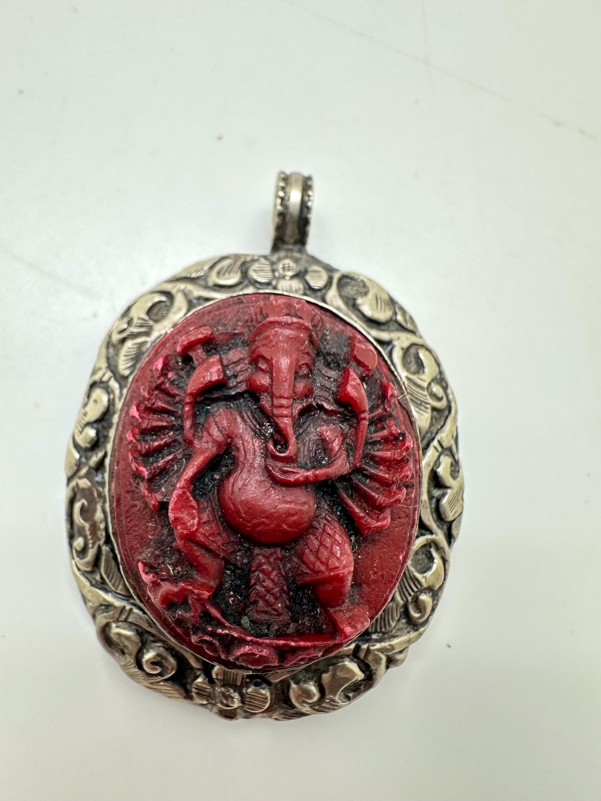 Ganesh pendant,handcrafted, Tibetansilver,Resin coral,Goodluck,prosperity,amulet 63mmX45mm