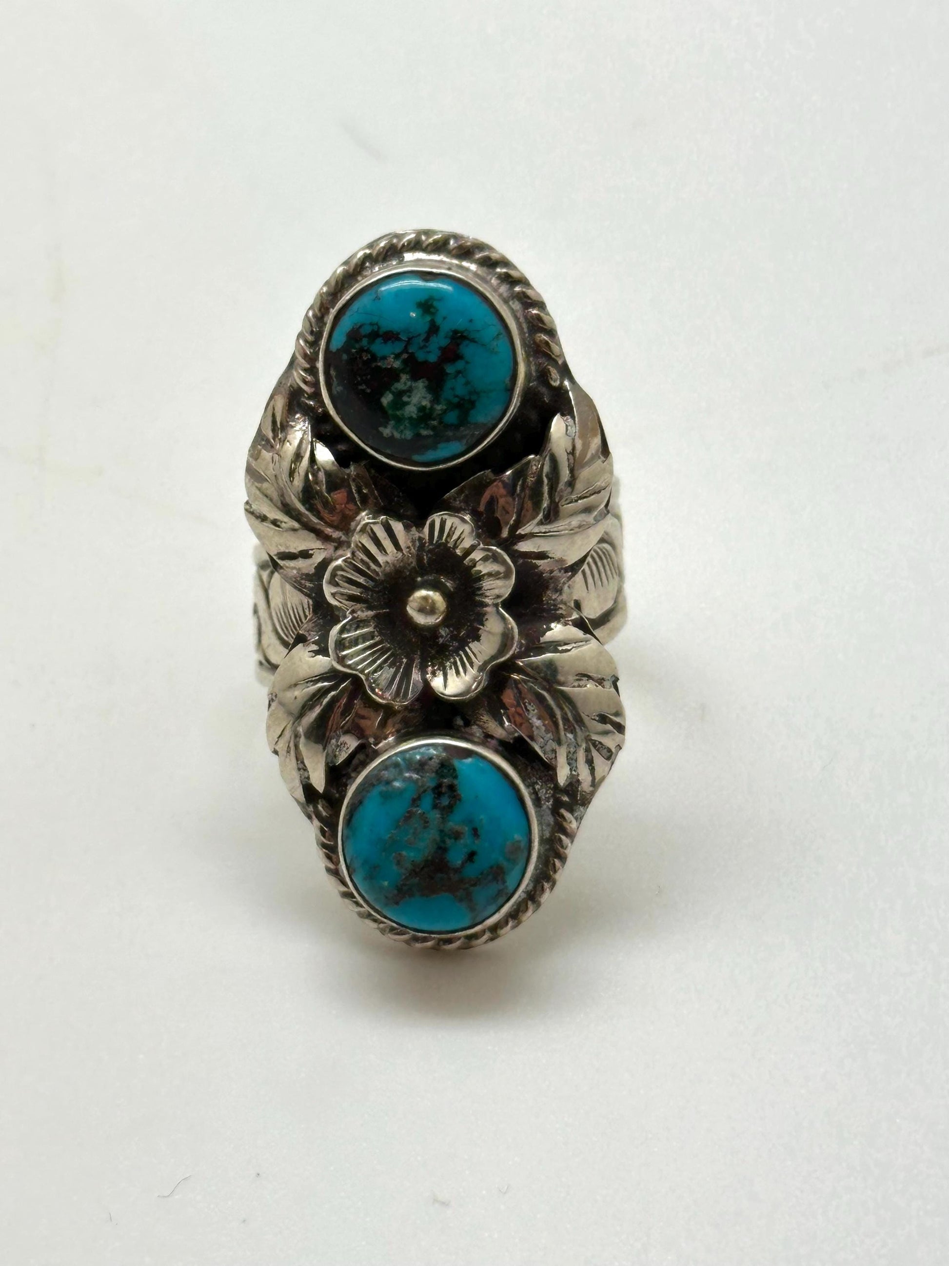 Turquoise ring, handcrafted, tibetan silver,floral ring, adjustable ,Nepalese,38mmX18mm