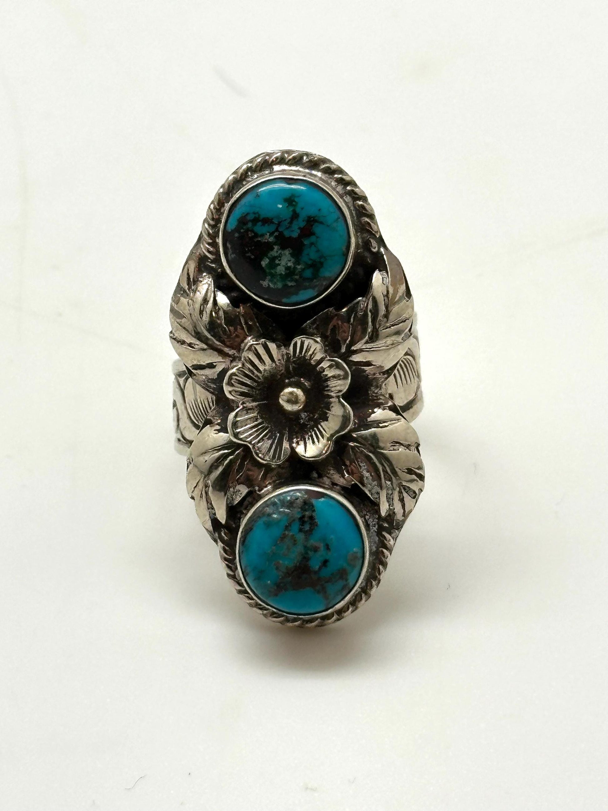 Turquoise ring, handcrafted, tibetan silver,floral ring, adjustable ,Nepalese,38mmX18mm