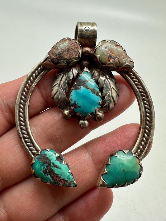 Turquoise blossom pendant, handcrafted,Tibetan silver,ethnic style,Nepalese,60X49mm