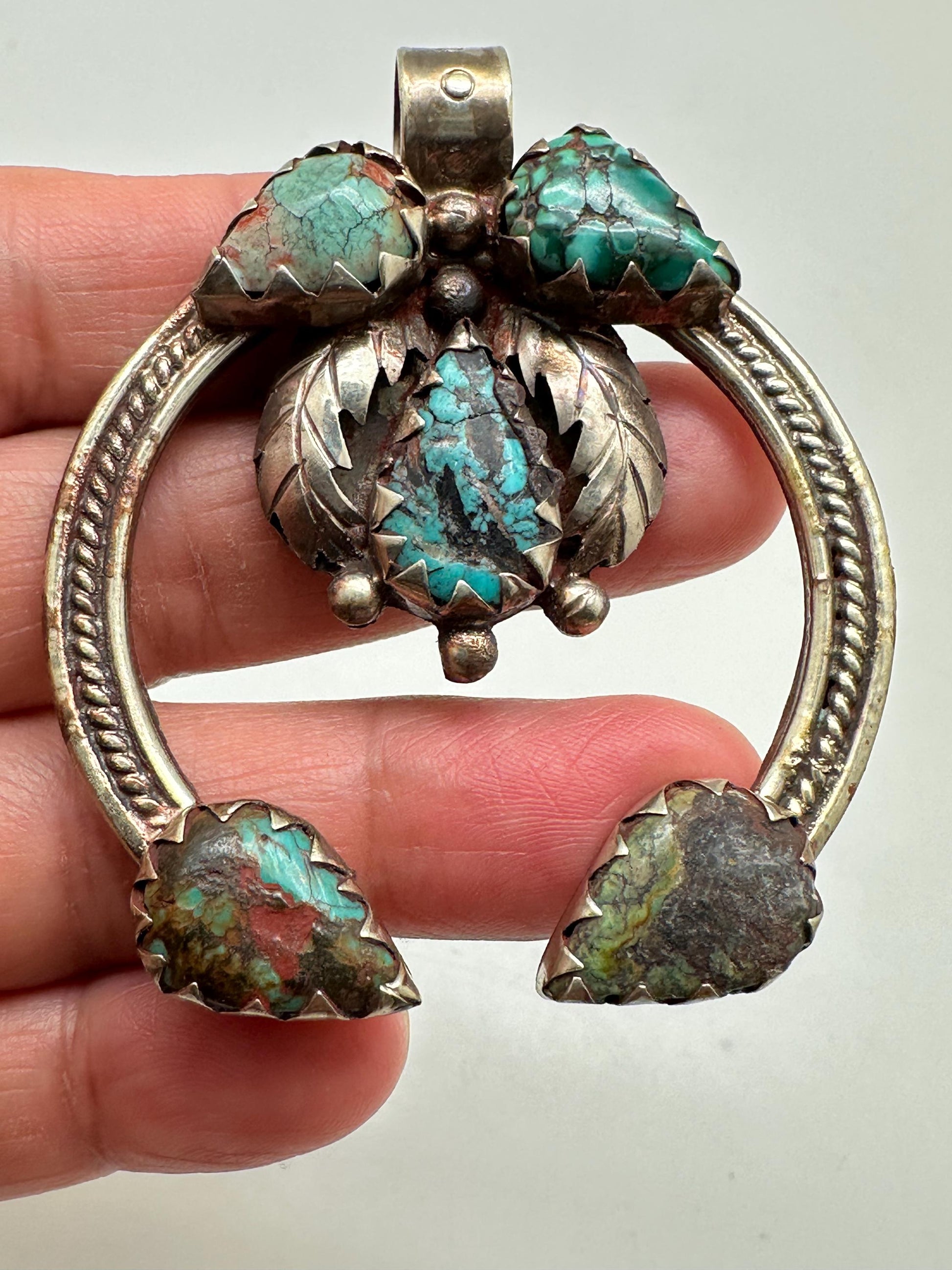 Turquoise blossom pendant, handcrafted,Tibetan silver,ethnic style,Nepalese,60X49mm