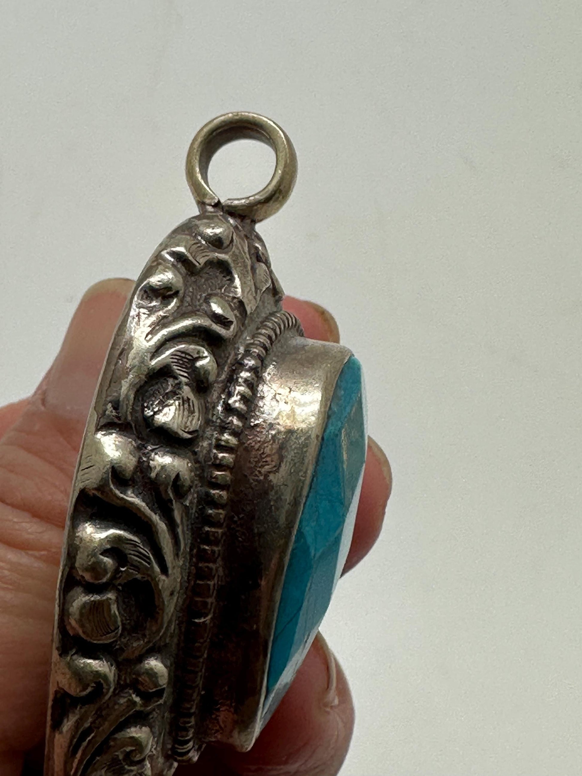 large pendant, blue stone pendant, handcrafted, tibetan silver, ethnic style,58mmX37mm